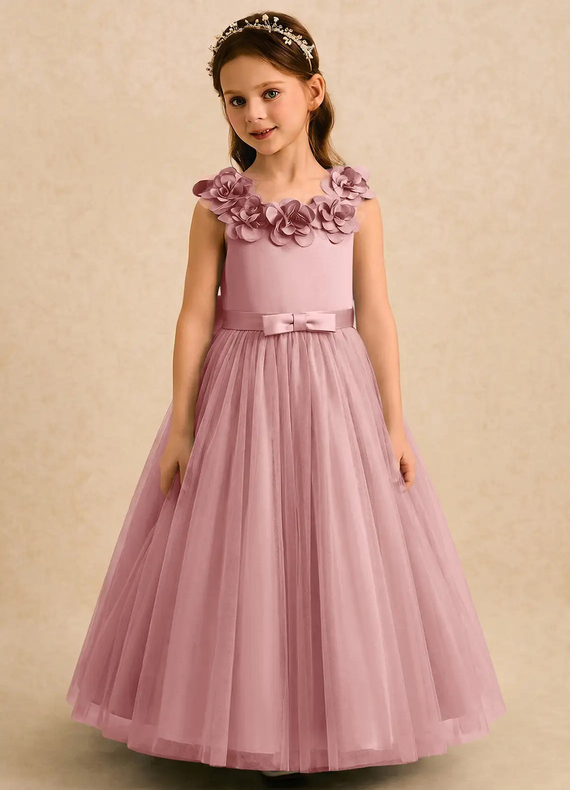 Sleeveless 3D Floral Neckline Dusty Pink Tulle Full-Length Flower Girl Dresses with Big Bow