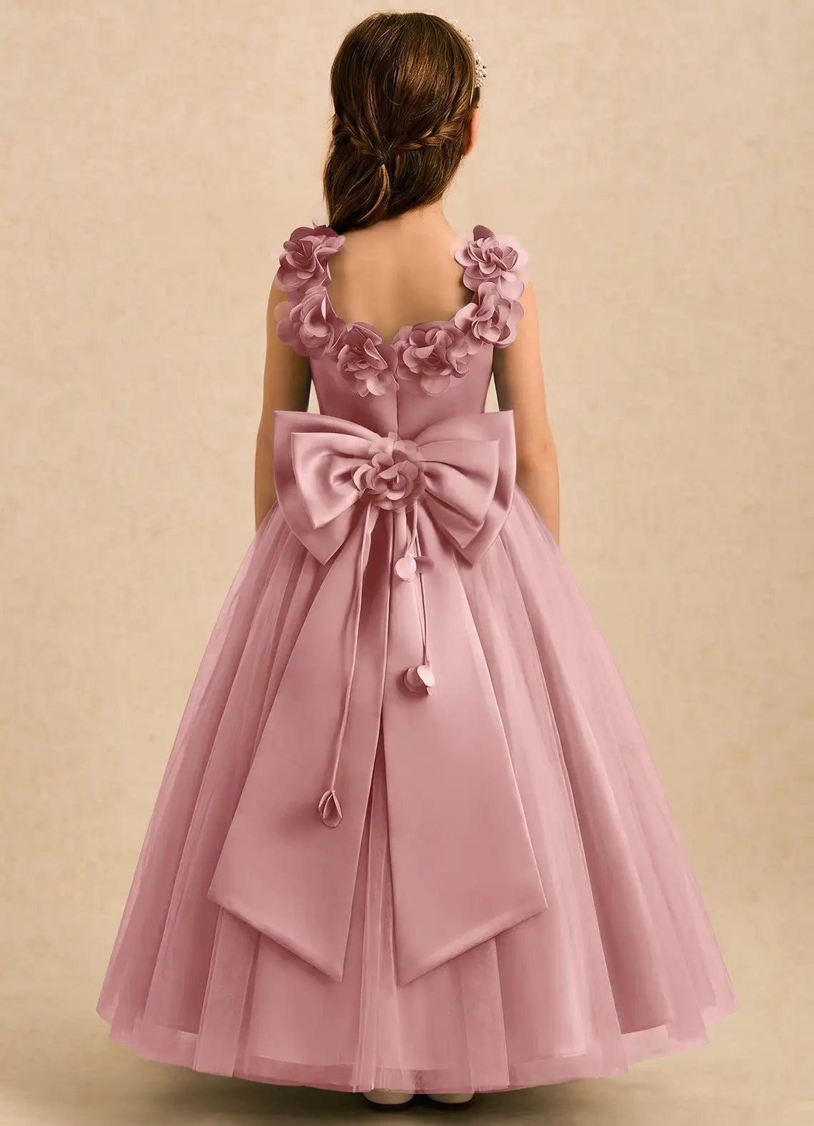 Sleeveless 3D Floral Neckline Dusty Pink Tulle Full-Length Flower Girl Dresses with Big Bow