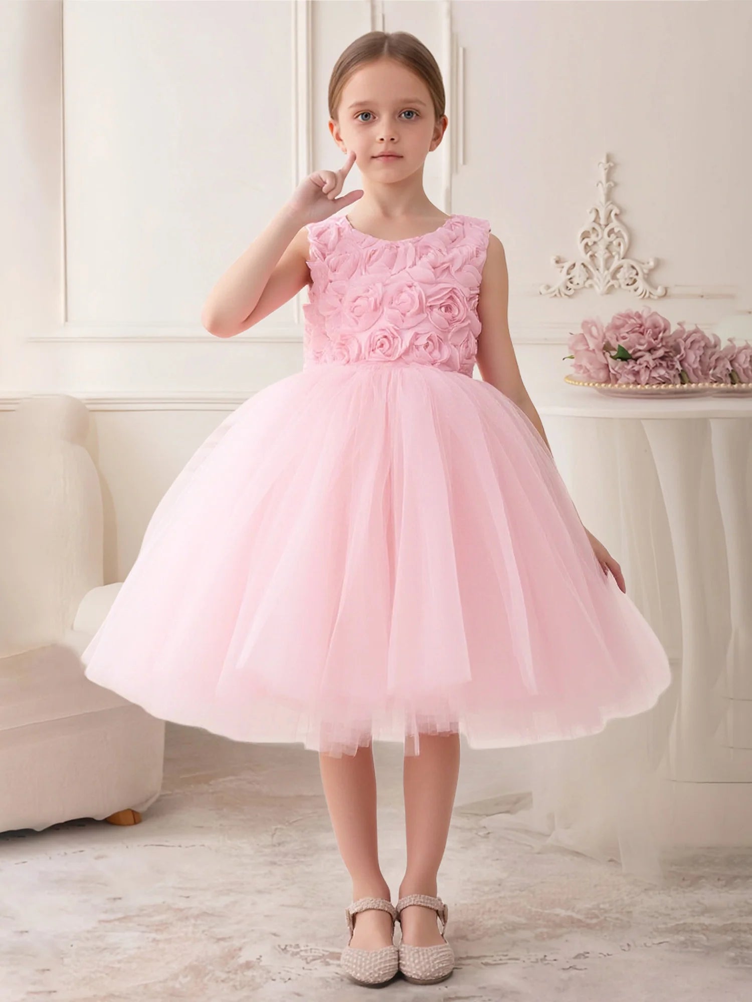 Sleeveless 3D Rose Floral Solid Back Oversized Satin Bow Pink Tulle Midi Flower Girl Dresses