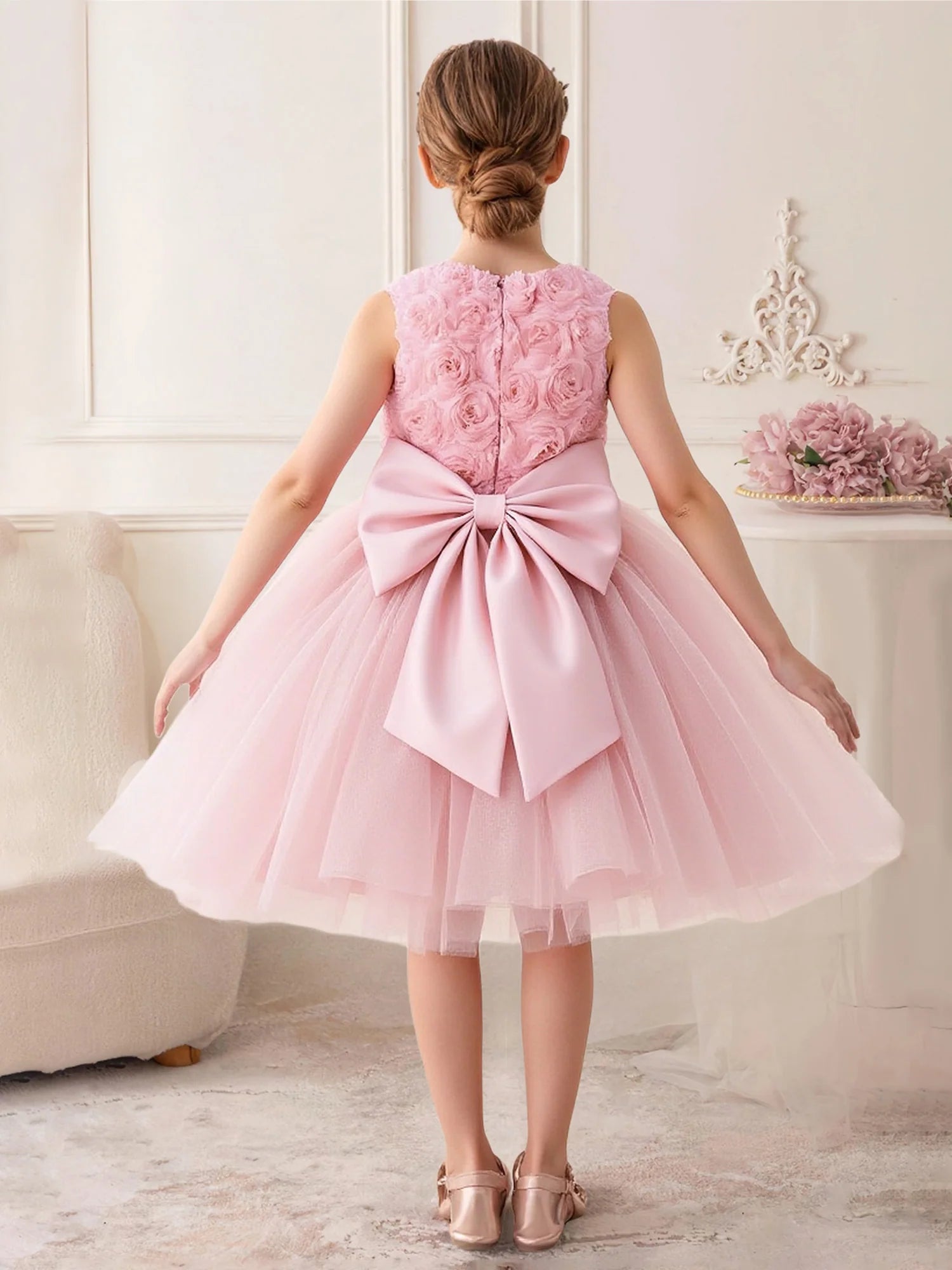 Sleeveless 3D Rose Floral Solid Back Oversized Satin Bow Pink Tulle Midi Flower Girl Dresses