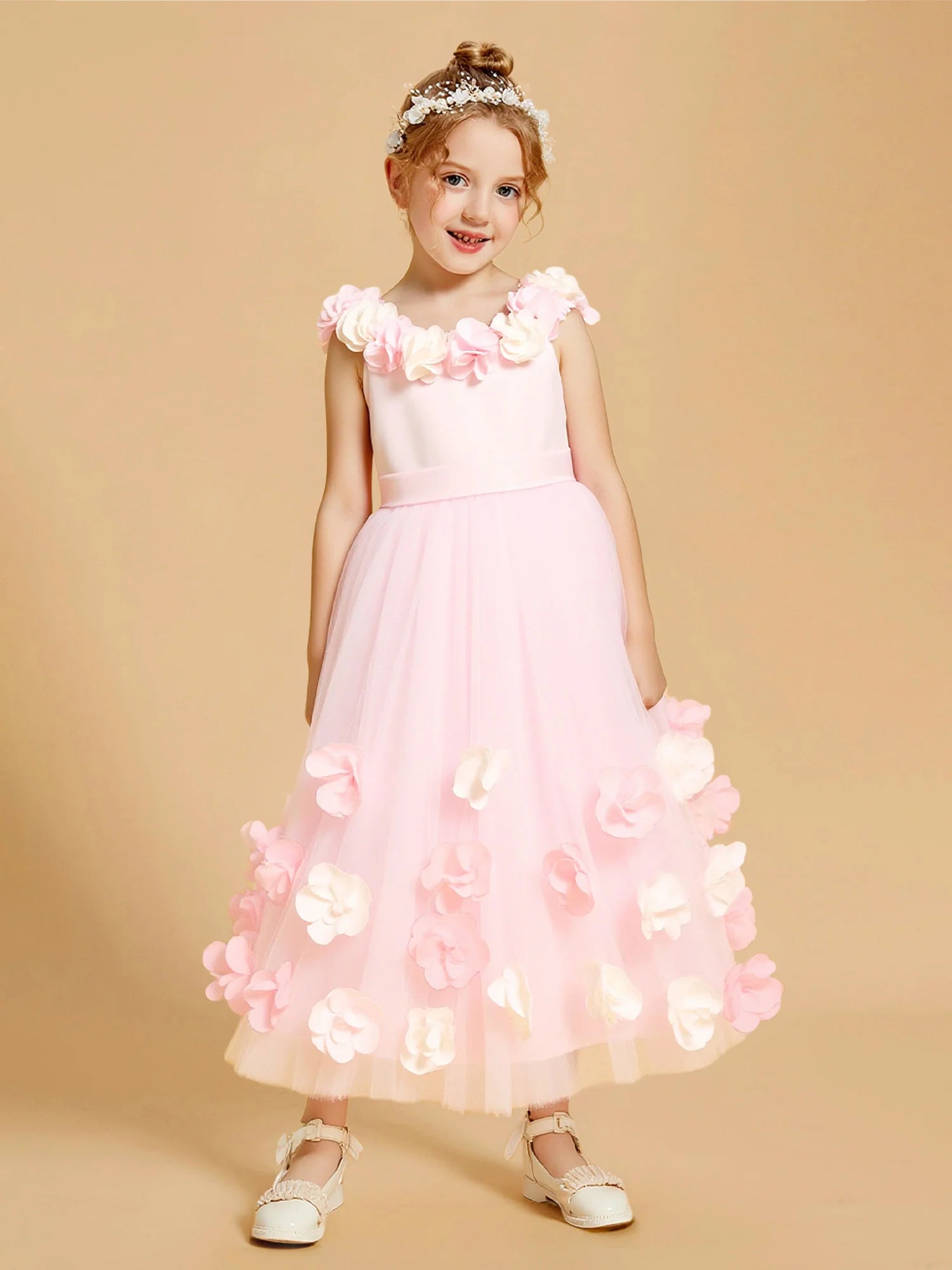 Sleeveless 3D Two-Tone Floral Neck Solid Back Satin Sash Pink Tulle Midi Flower Girl Dresses
