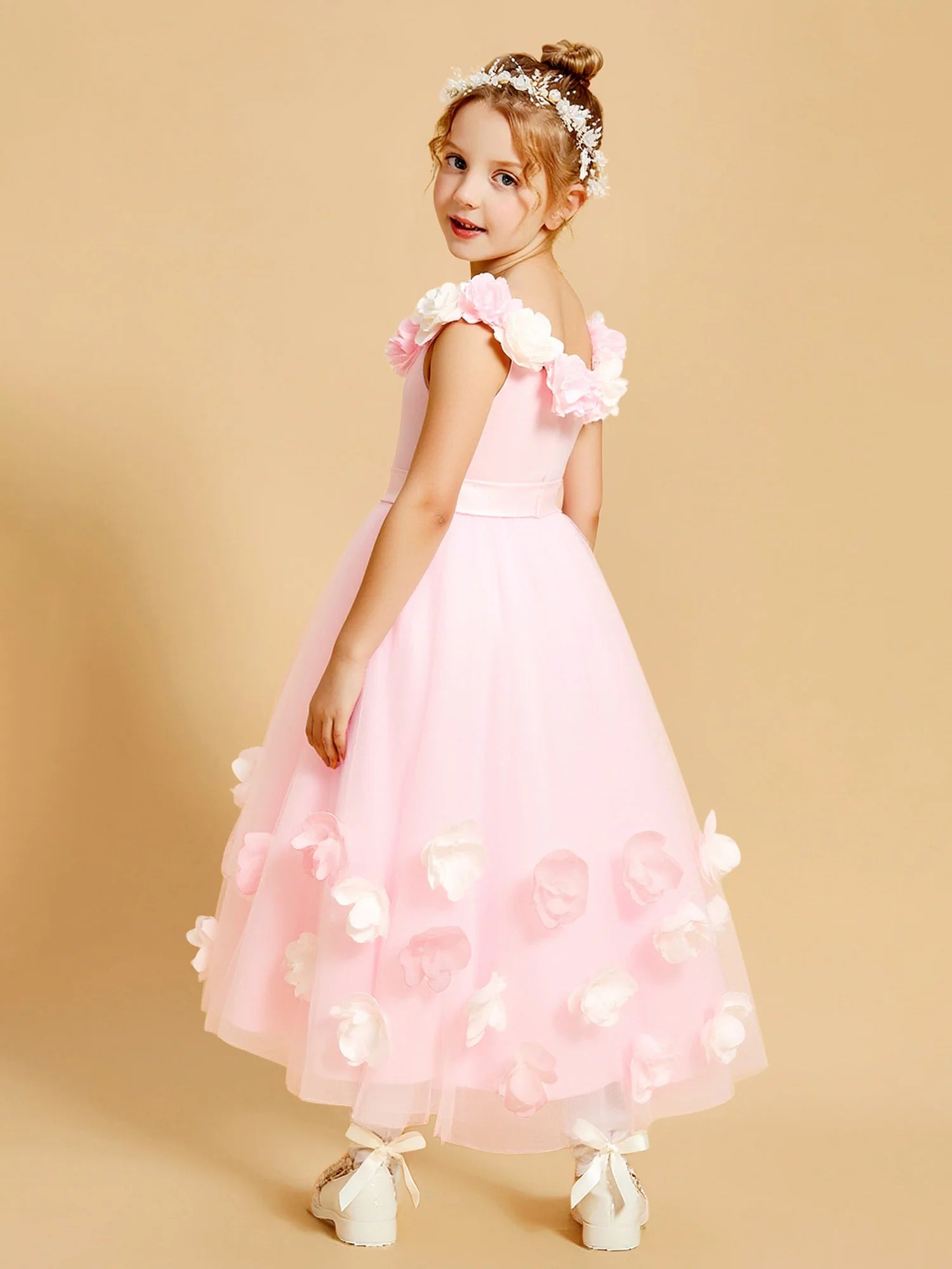 Sleeveless 3D Two-Tone Floral Neck Solid Back Satin Sash Pink Tulle Midi Flower Girl Dresses