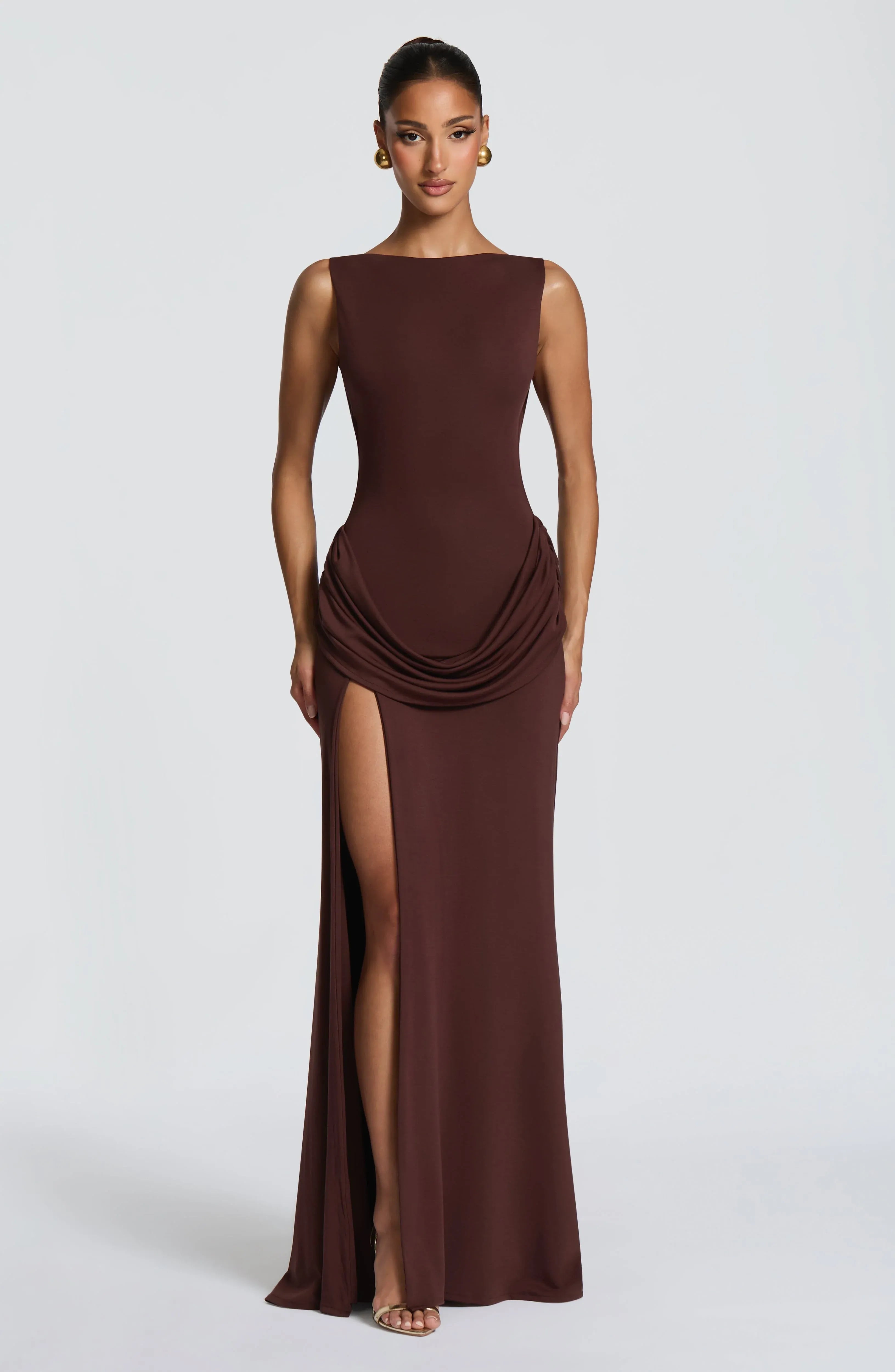 Sleeveless Boat Neck Cowl Back Draped Waist High Slit Dark Brown Jersey Mermaid Maxi Wedding Guest Dresses