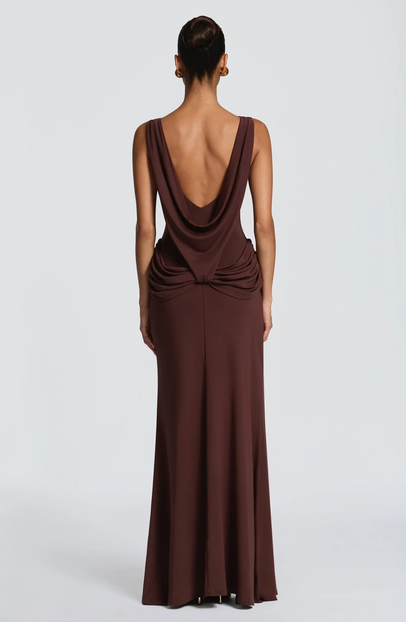Sleeveless Boat Neck Cowl Back Draped Waist High Slit Dark Brown Jersey Mermaid Maxi Wedding Guest Dresses