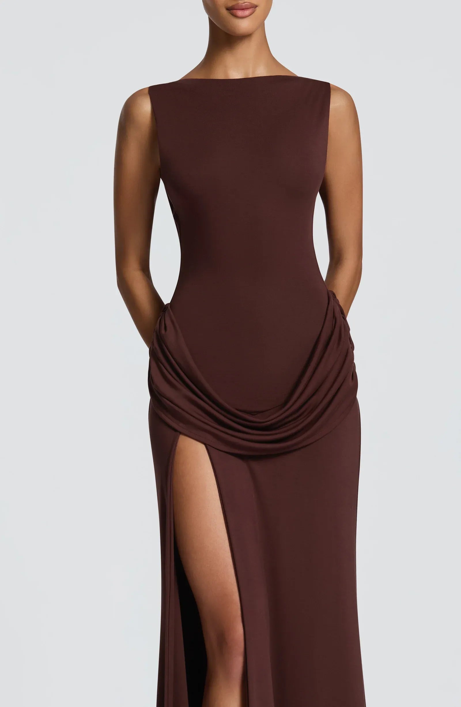 Sleeveless Boat Neck Cowl Back Draped Waist High Slit Dark Brown Jersey Mermaid Maxi Wedding Guest Dresses