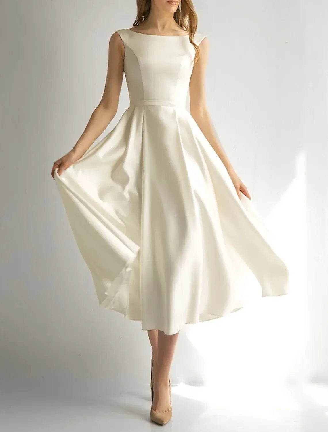 Sleeveless Boat Neck Satin Midi Wedding Dress Thin Belt A Line Tea Gown