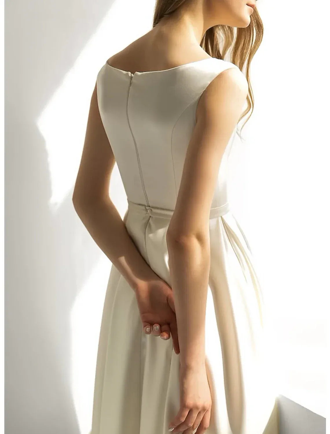 Sleeveless Boat Neck Satin Midi Wedding Dress Thin Belt A Line Tea Gown