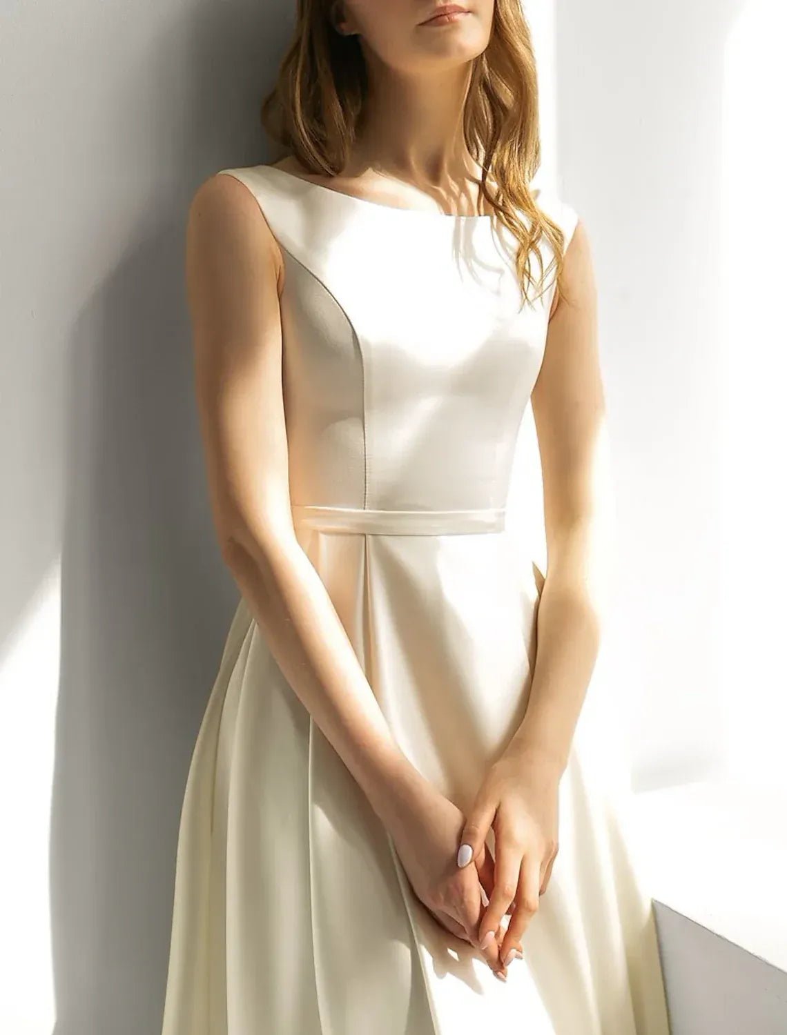 Sleeveless Boat Neck Satin Midi Wedding Dress Thin Belt A Line Tea Gown