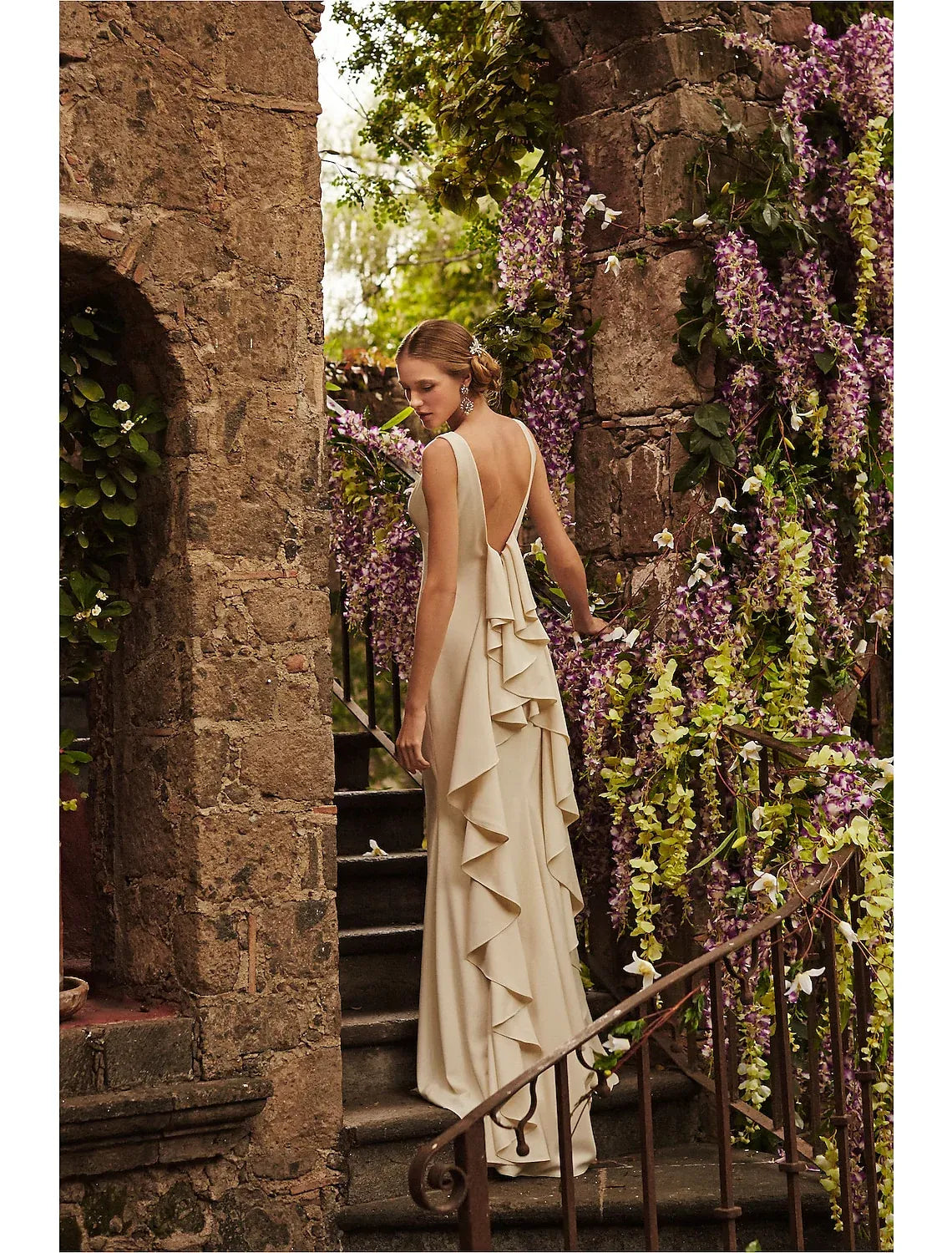 Sleeveless Boat Neck Satin Sash Back Cascading Ruffle Mermaid Simple Wedding Dress