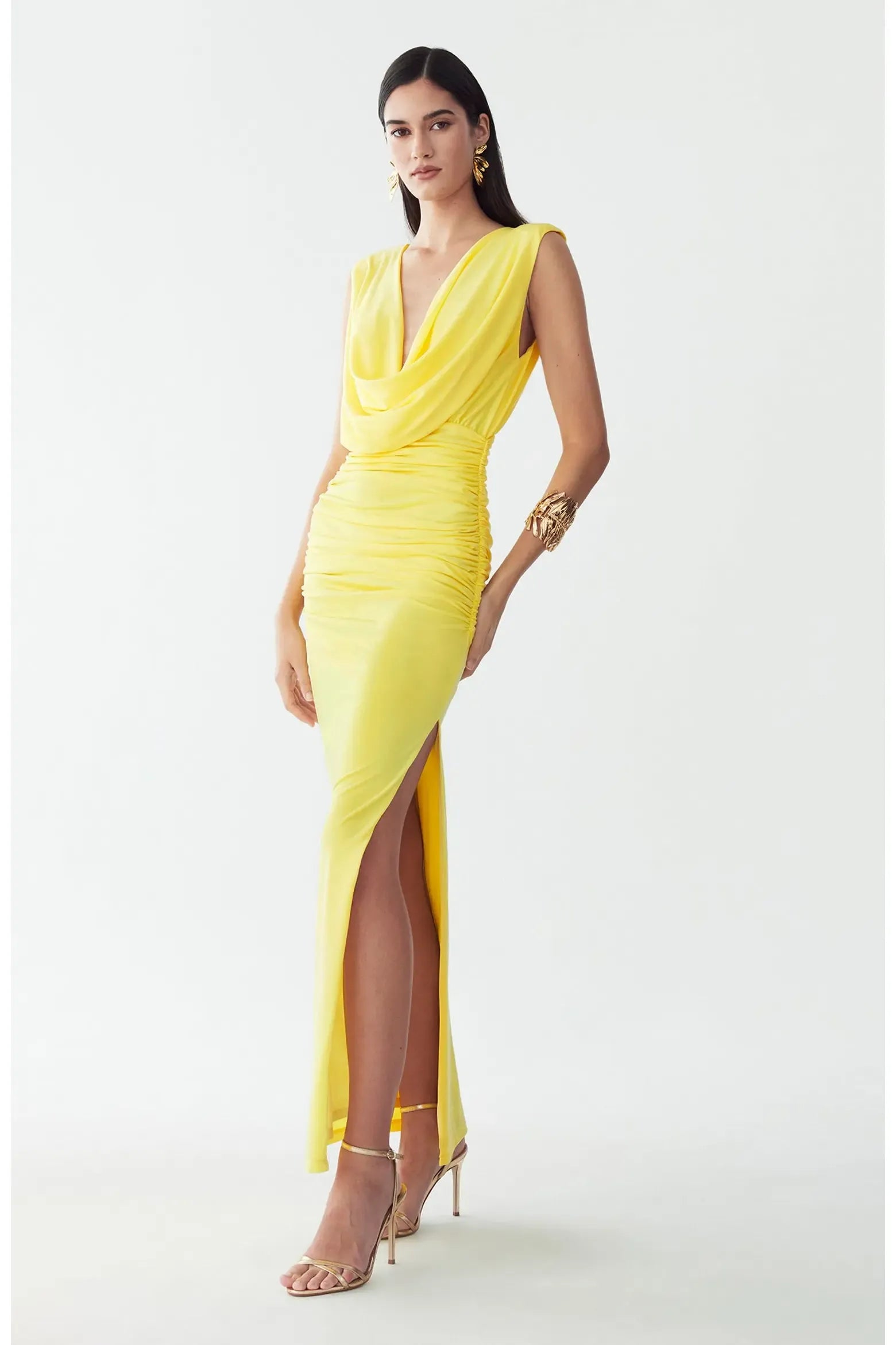 Sleeveless Cowl Deep V Ruched Waist High Slit Plain Back Yellow Satin Mermaid Maxi Wedding Guest Dresses