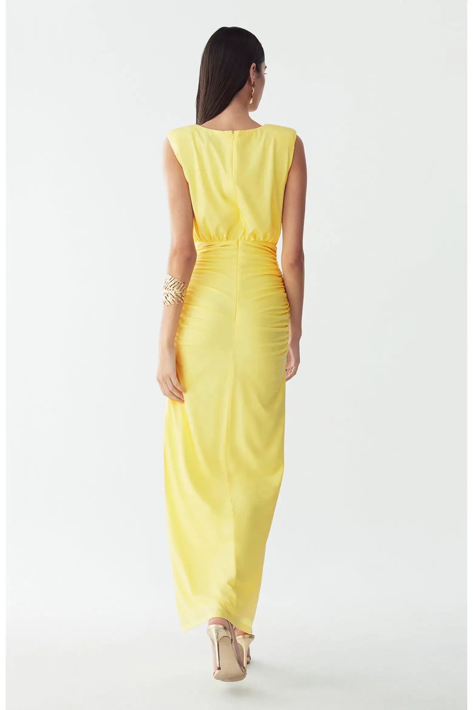 Sleeveless Cowl Deep V Ruched Waist High Slit Plain Back Yellow Satin Mermaid Maxi Wedding Guest Dresses