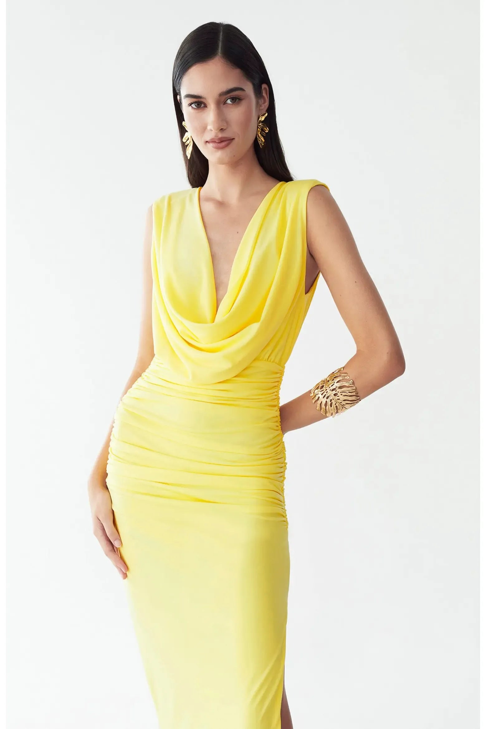 Sleeveless Cowl Deep V Ruched Waist High Slit Plain Back Yellow Satin Mermaid Maxi Wedding Guest Dresses