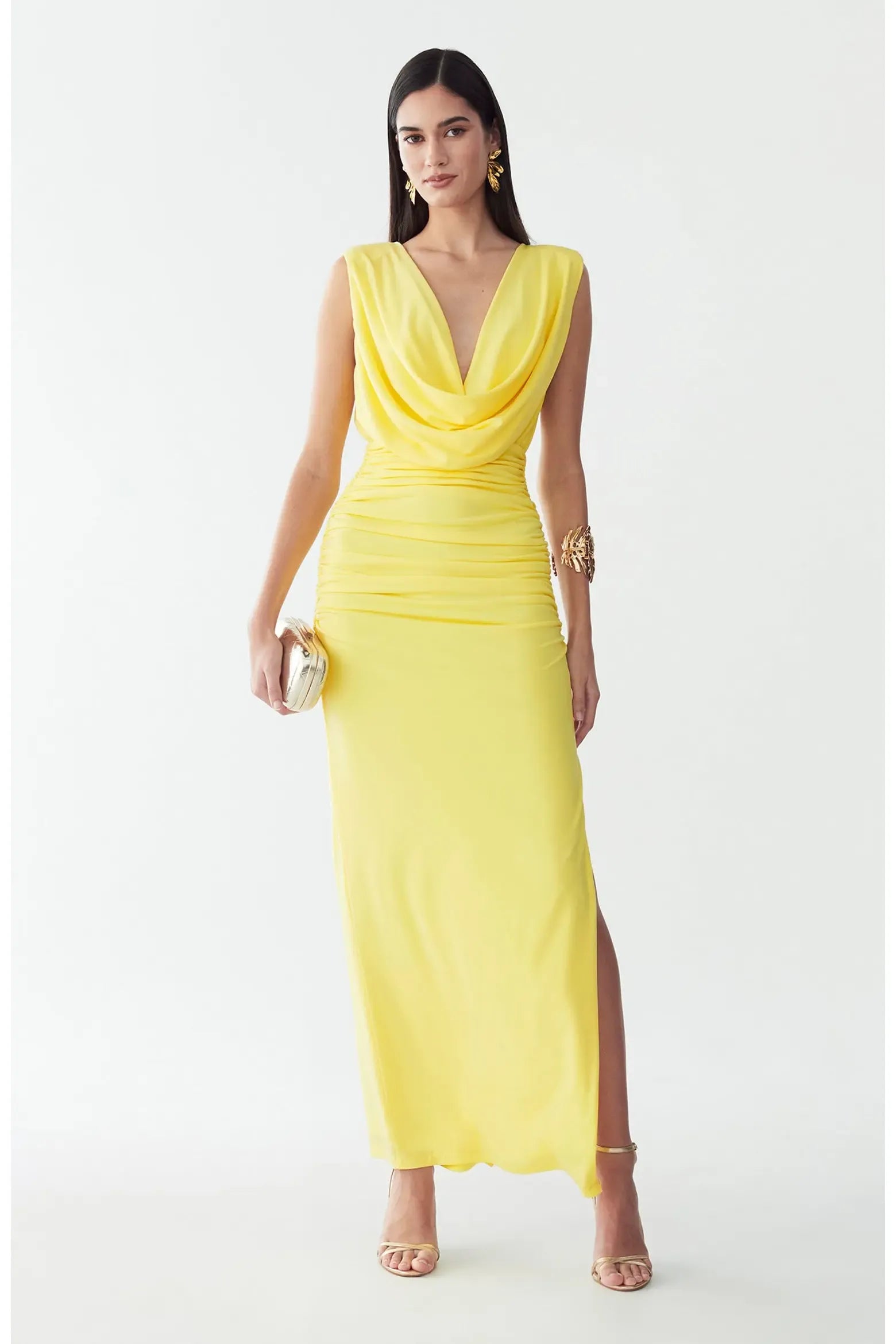 Sleeveless Cowl Deep V Ruched Waist High Slit Plain Back Yellow Satin Mermaid Maxi Wedding Guest Dresses