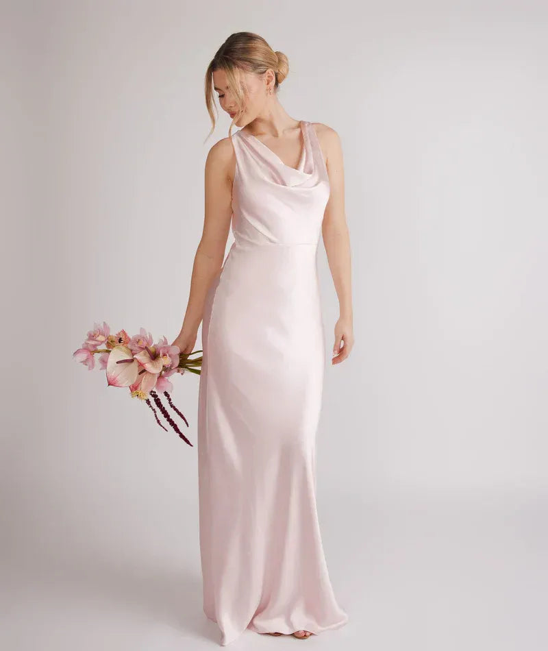Sleeveless Cowl Neck Column Mermaid Satin Long Bridesmaid Dress