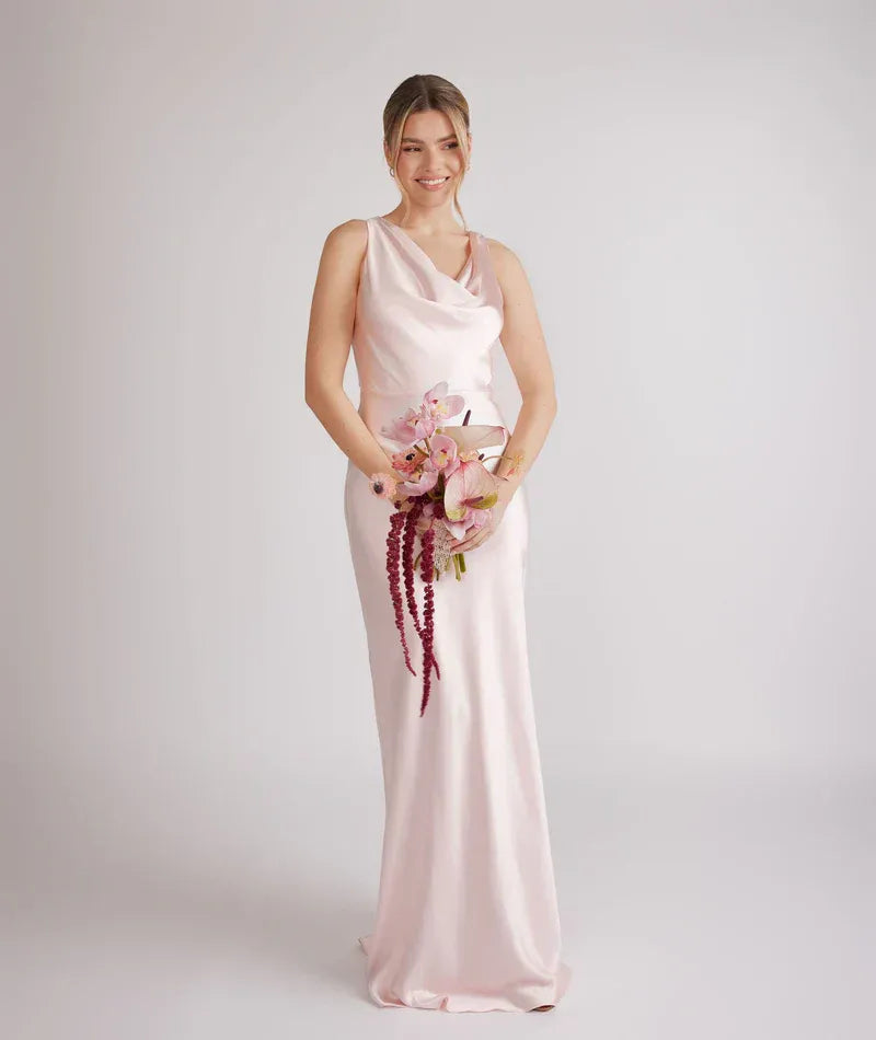 Sleeveless Cowl Neck Column Mermaid Satin Long Bridesmaid Dress