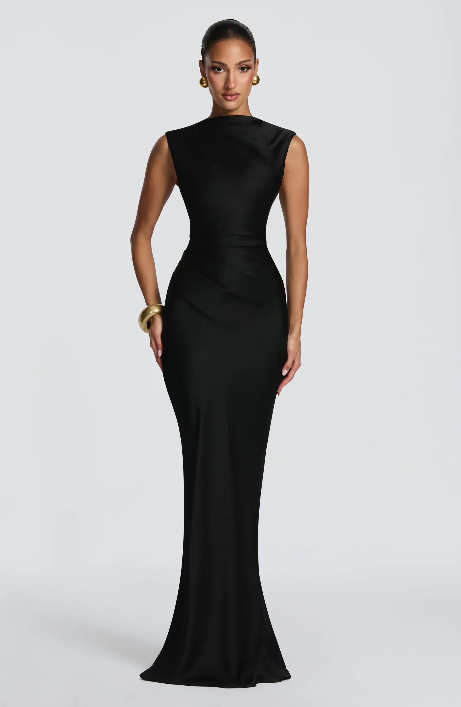 Sleeveless Cowl Neck Cutout Back Lace Up Plain Slit Black Satin Mermaid Maxi Wedding Guest Dresses