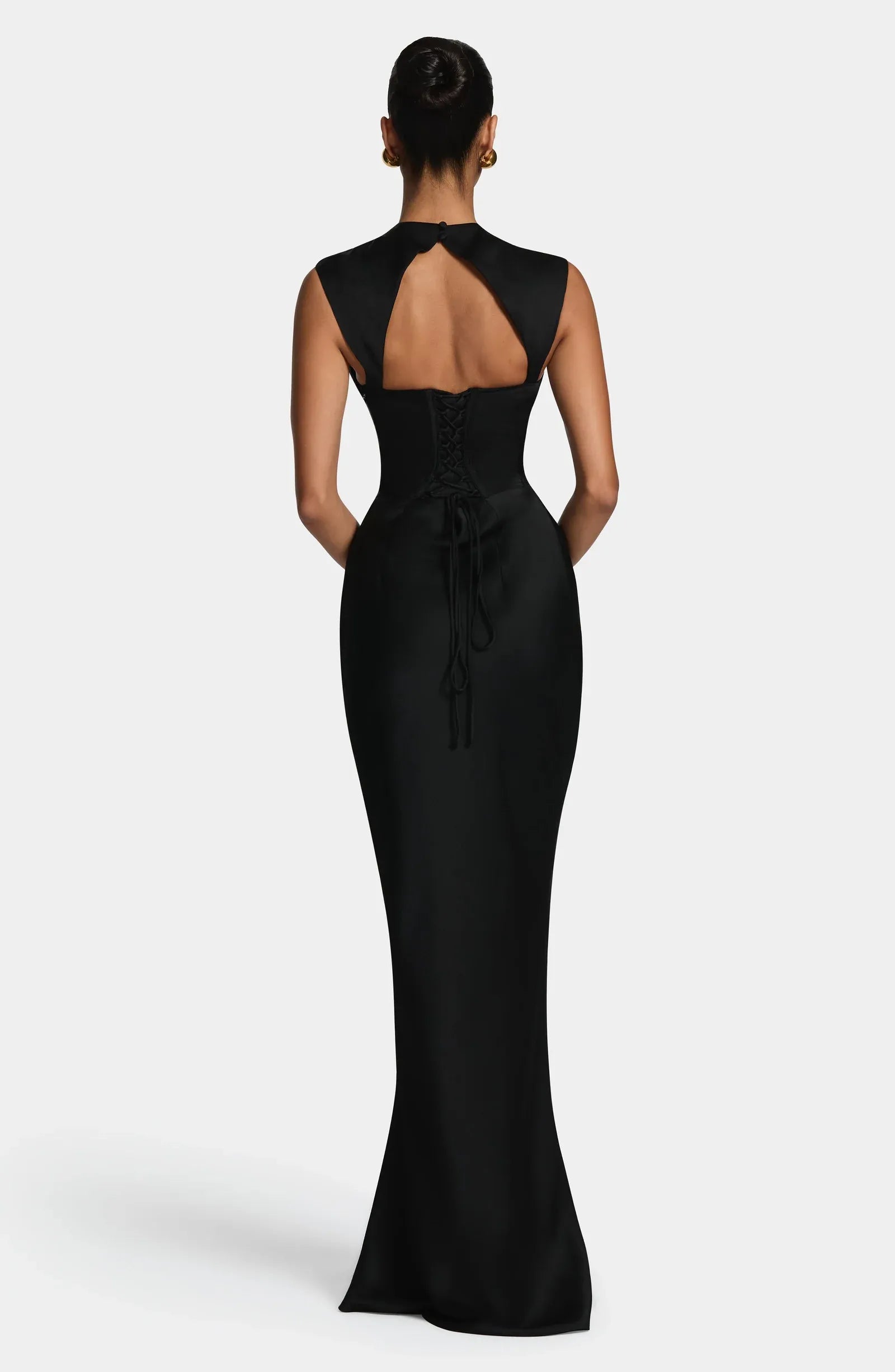 Sleeveless Cowl Neck Cutout Back Lace Up Plain Slit Black Satin Mermaid Maxi Wedding Guest Dresses