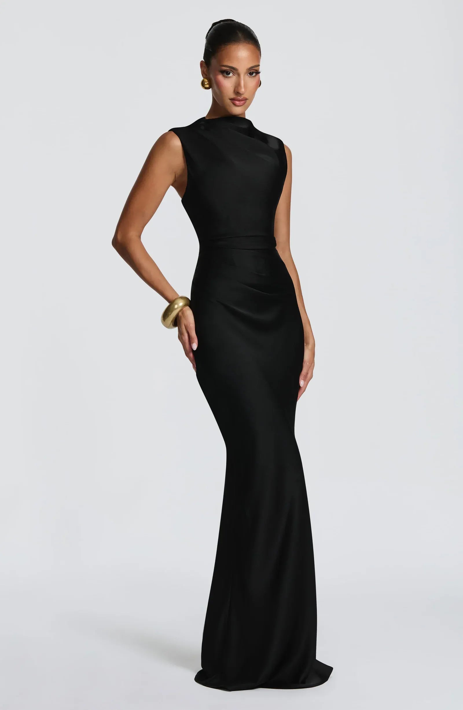 Sleeveless Cowl Neck Cutout Back Lace Up Plain Slit Black Satin Mermaid Maxi Wedding Guest Dresses