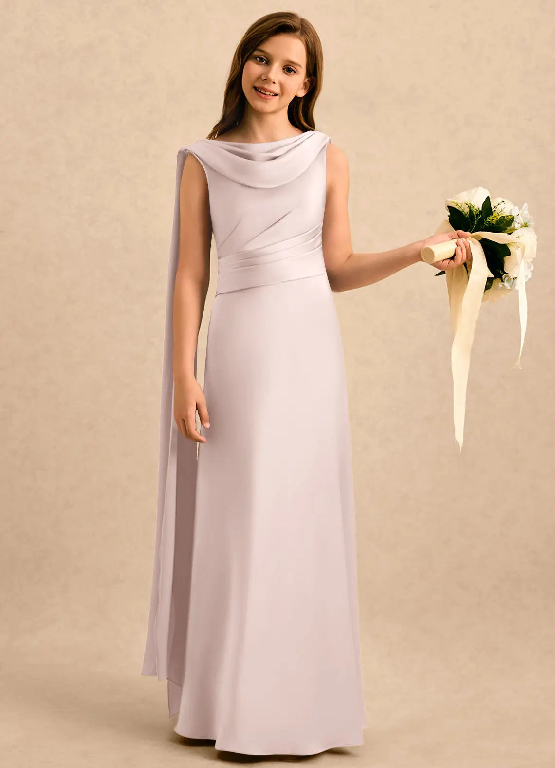 Sleeveless Cowl Neck Dusty Lavender Satin Full-Length Mermaid Junior Bridesmaid Dresses with Shoulder Drape