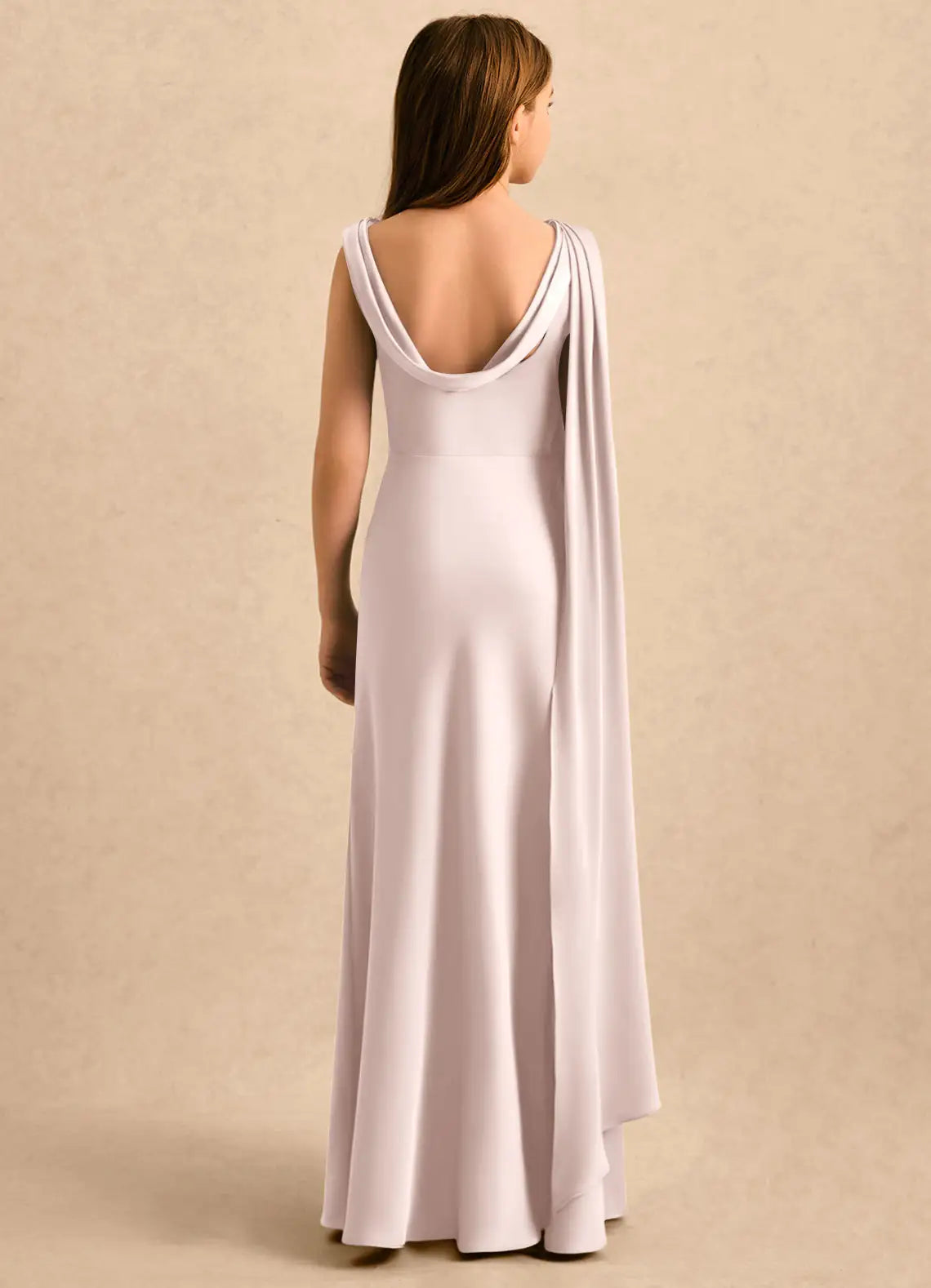 Sleeveless Cowl Neck Dusty Lavender Satin Full-Length Mermaid Junior Bridesmaid Dresses with Shoulder Drape
