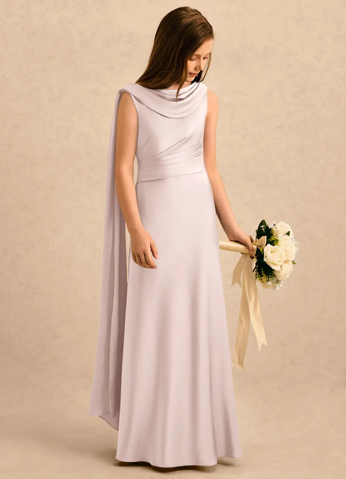 Sleeveless Cowl Neck Dusty Lavender Satin Full-Length Mermaid Junior Bridesmaid Dresses with Shoulder Drape