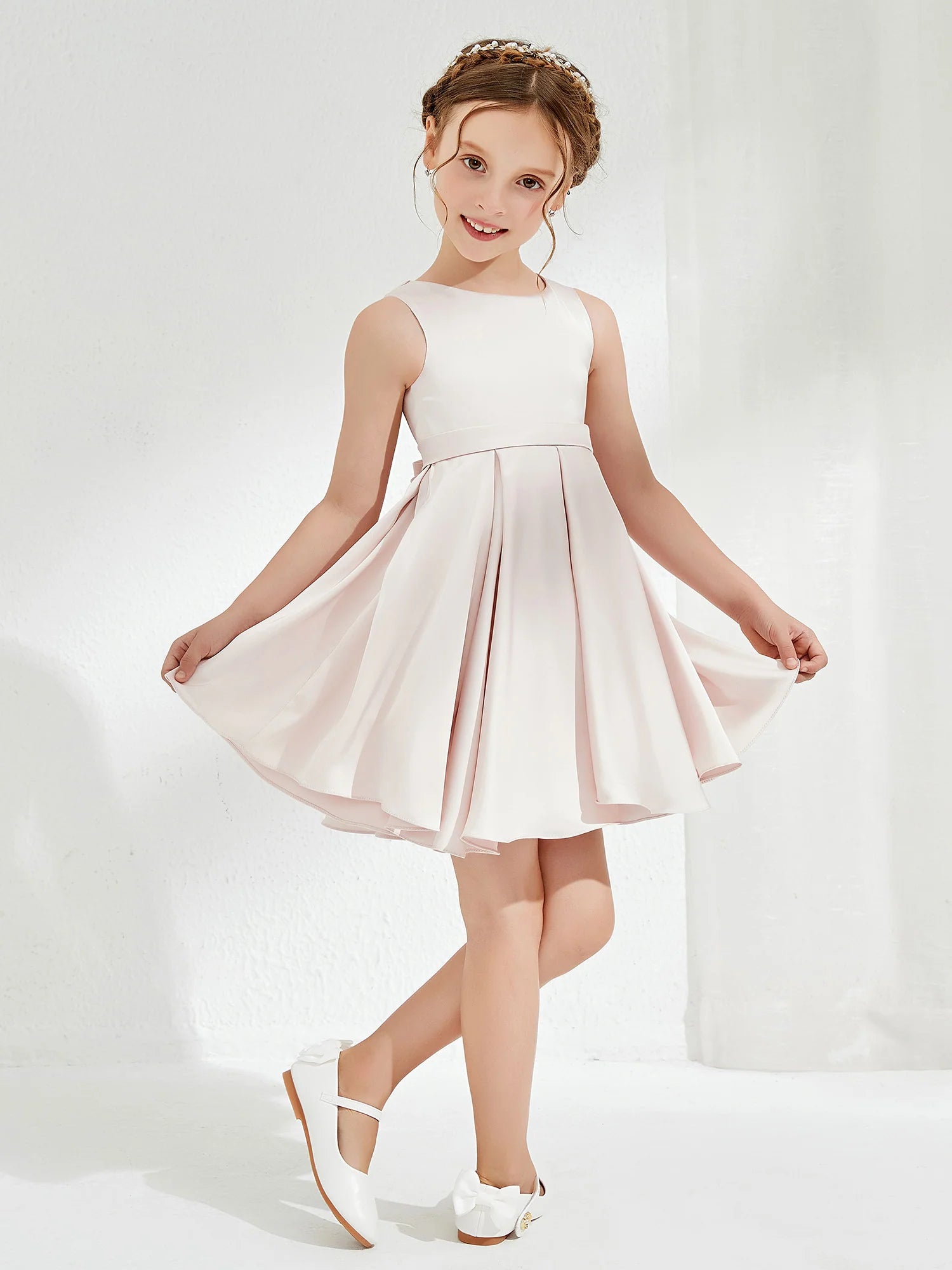 Sleeveless Crew Neck Back Bow Pleated Blush Satin Knee Length Flower Girl Dresses