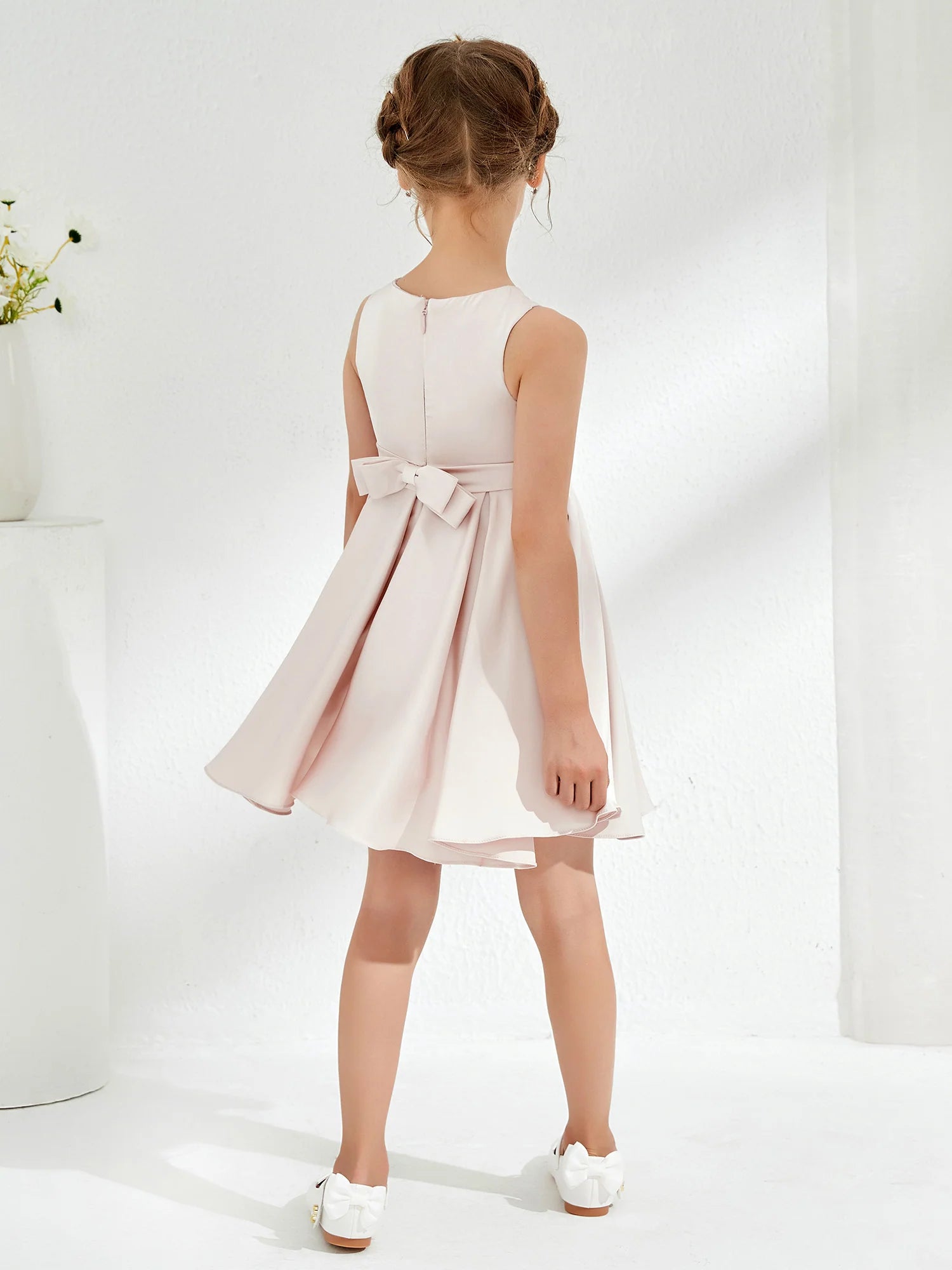 Sleeveless Crew Neck Back Bow Pleated Blush Satin Knee Length Flower Girl Dresses