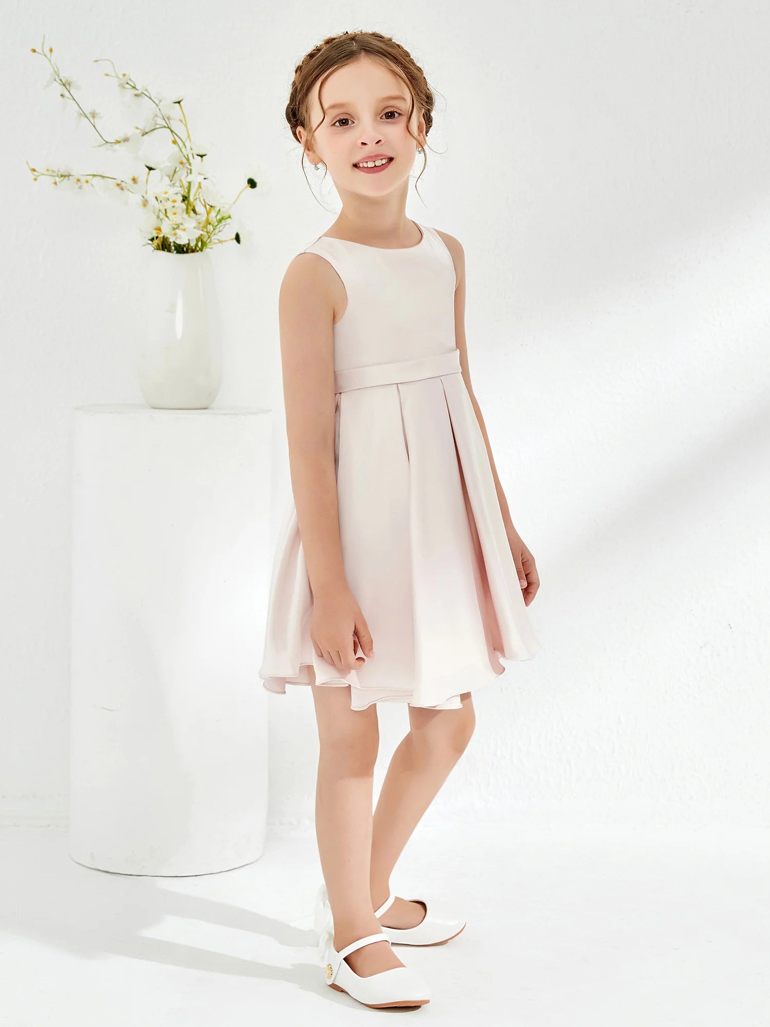Sleeveless Crew Neck Back Bow Pleated Blush Satin Knee Length Flower Girl Dresses