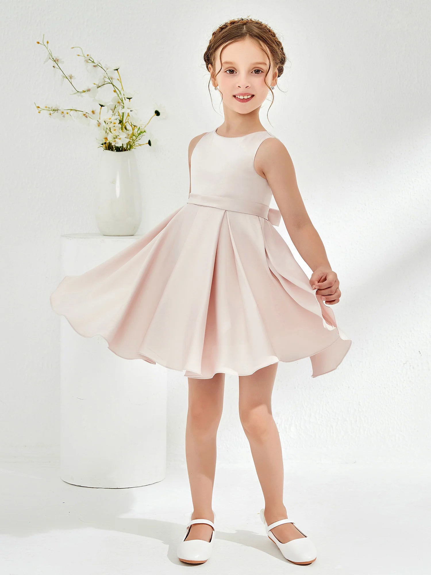 Sleeveless Crew Neck Back Bow Pleated Blush Satin Knee Length Flower Girl Dresses