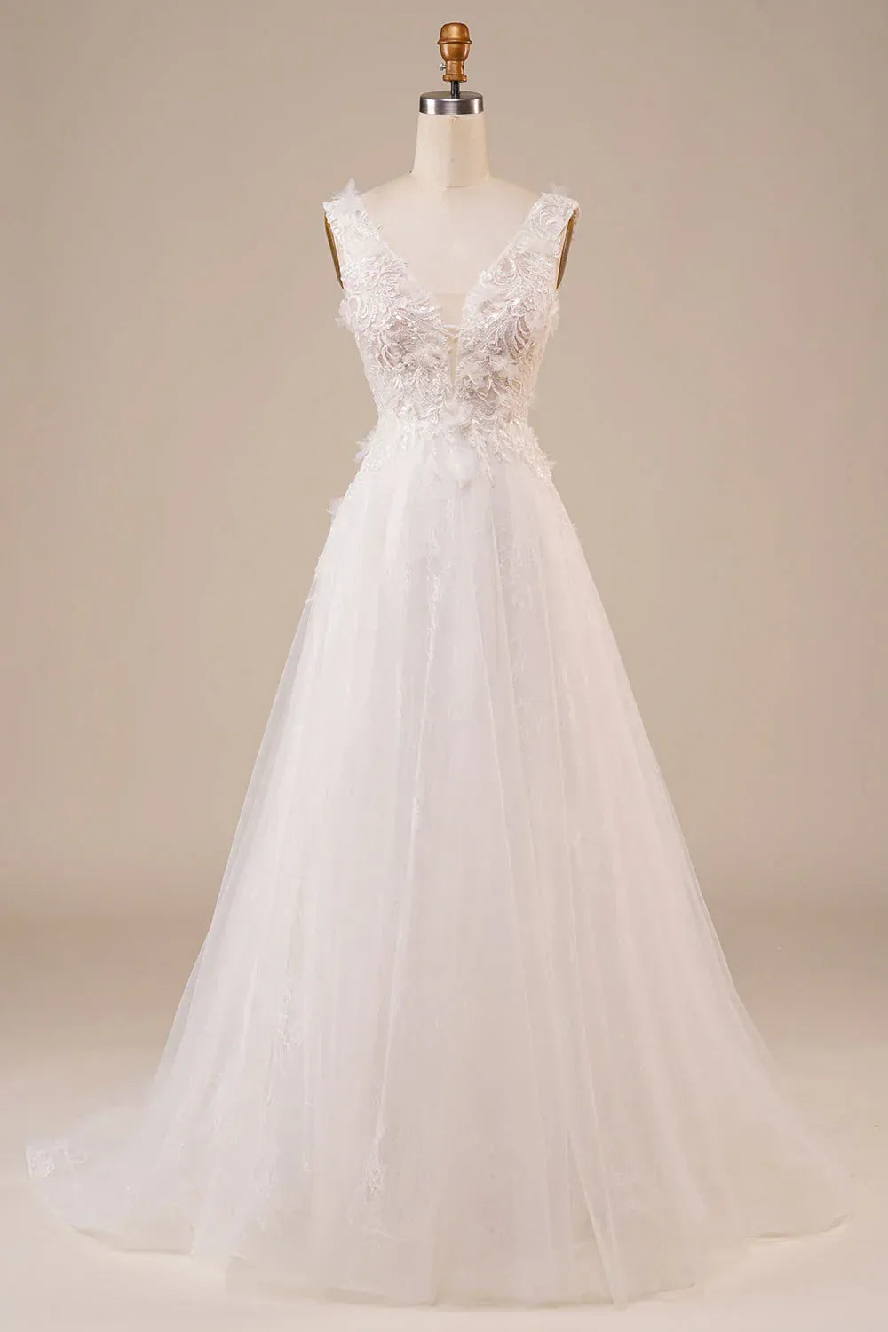 Sleeveless Deep V 3D Floral Sequin Lace Tulle A-Line Wedding Dress With Low V Back Train