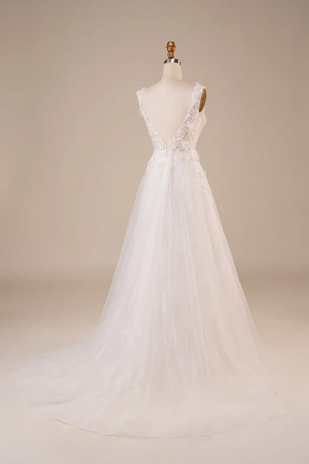Sleeveless Deep V 3D Floral Sequin Lace Tulle A-Line Wedding Dress With Low V Back Train