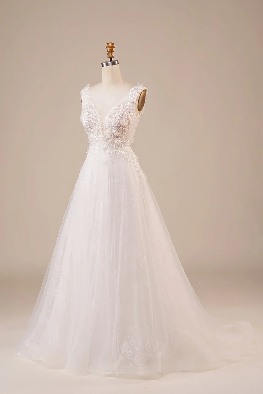 Sleeveless Deep V 3D Floral Sequin Lace Tulle A-Line Wedding Dress With Low V Back Train