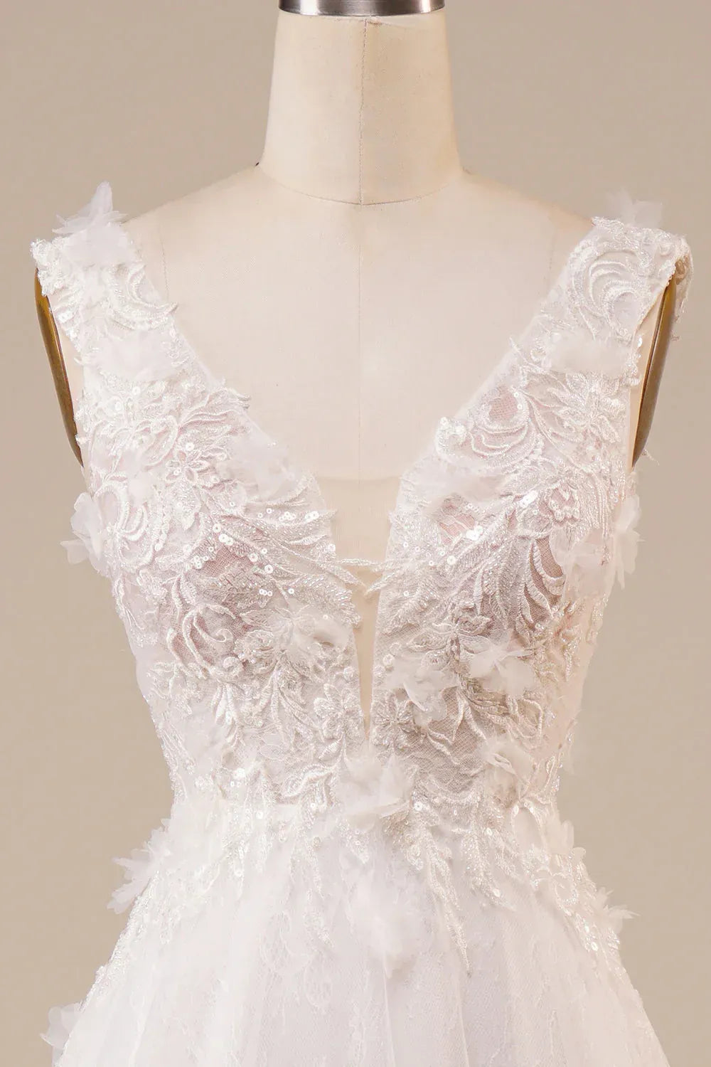 Sleeveless Deep V 3D Floral Sequin Lace Tulle A-Line Wedding Dress With Low V Back Train