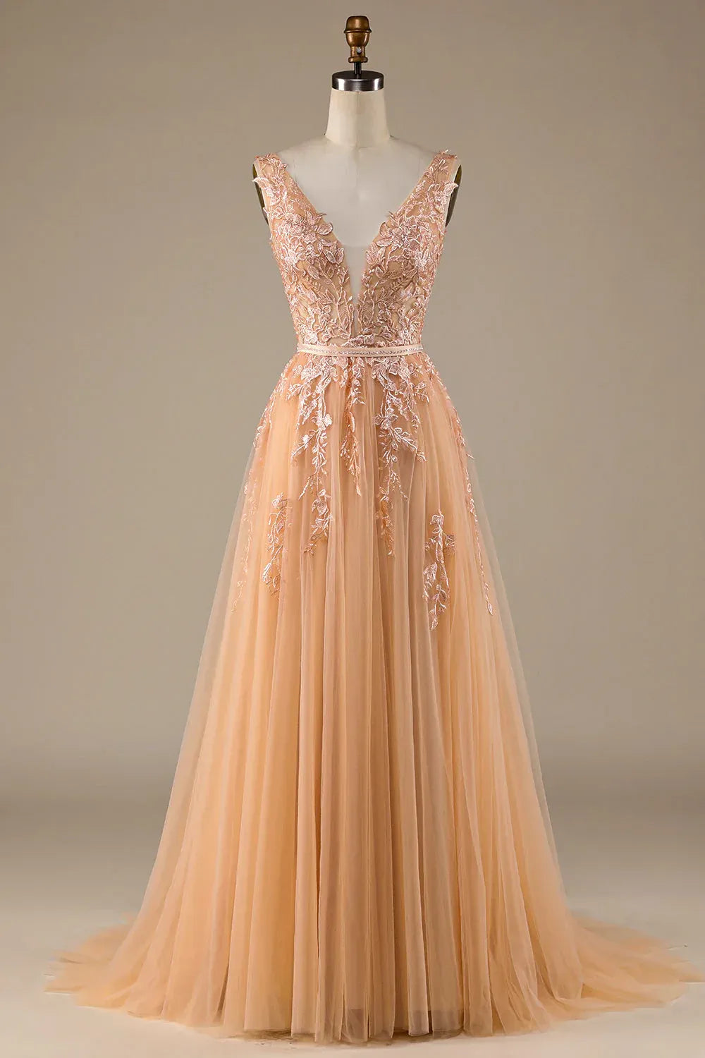 Sleeveless Deep V Champagne Floral Lace Tulle A-Line Evening Dress With Train