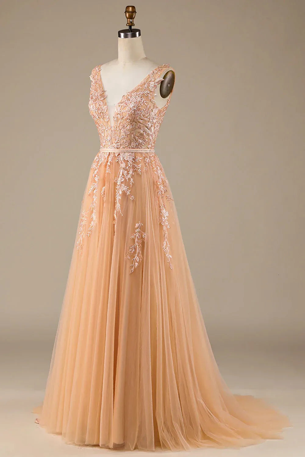 Sleeveless Deep V Champagne Floral Lace Tulle A-Line Evening Dress With Train