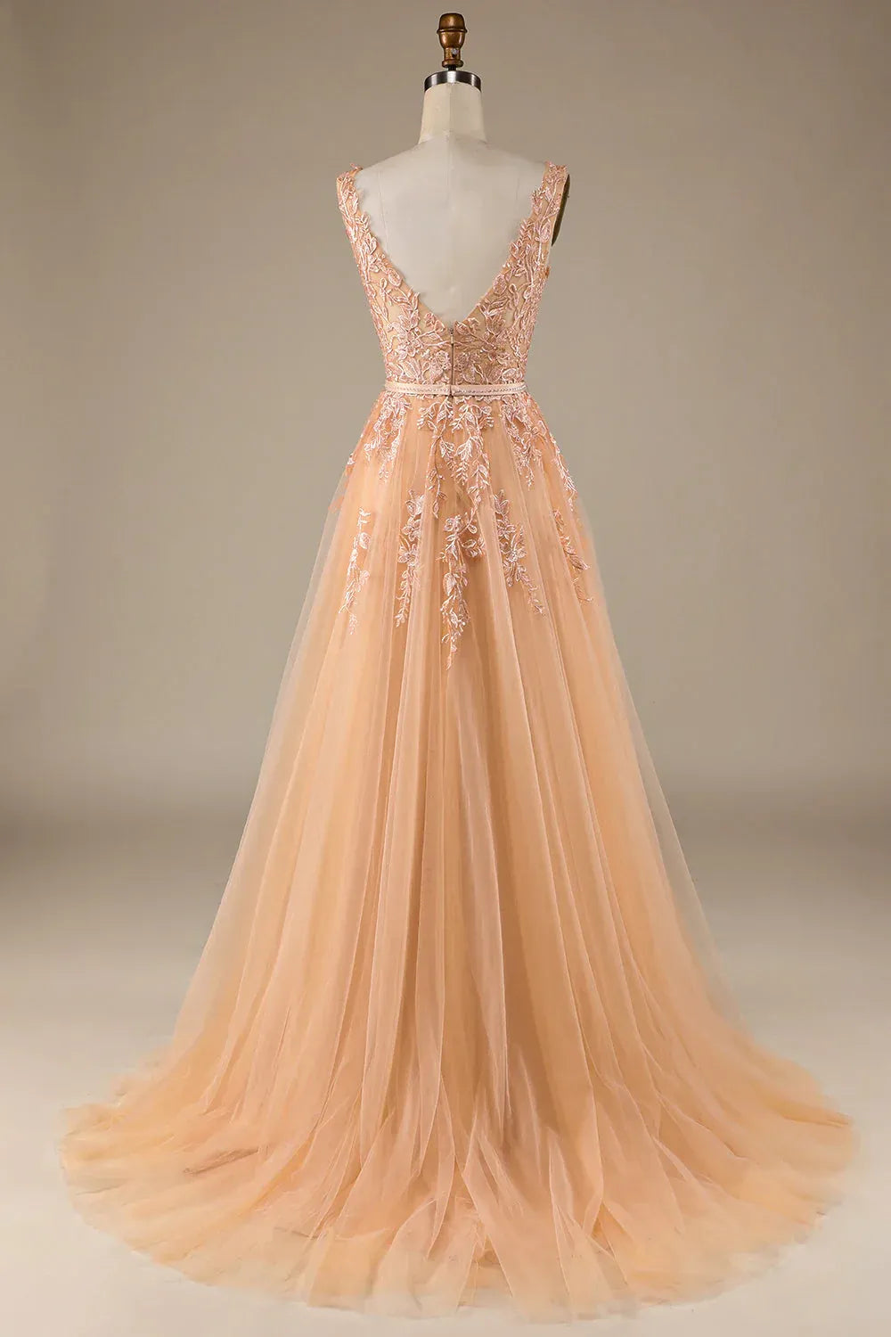 Sleeveless Deep V Champagne Floral Lace Tulle A-Line Evening Dress With Train