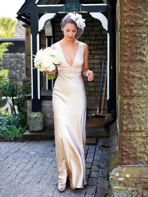 Sleeveless Deep‑V‑Neck Champagne‑Satin Sheath Mermaid Wedding Dress With Minimalist Silhouette