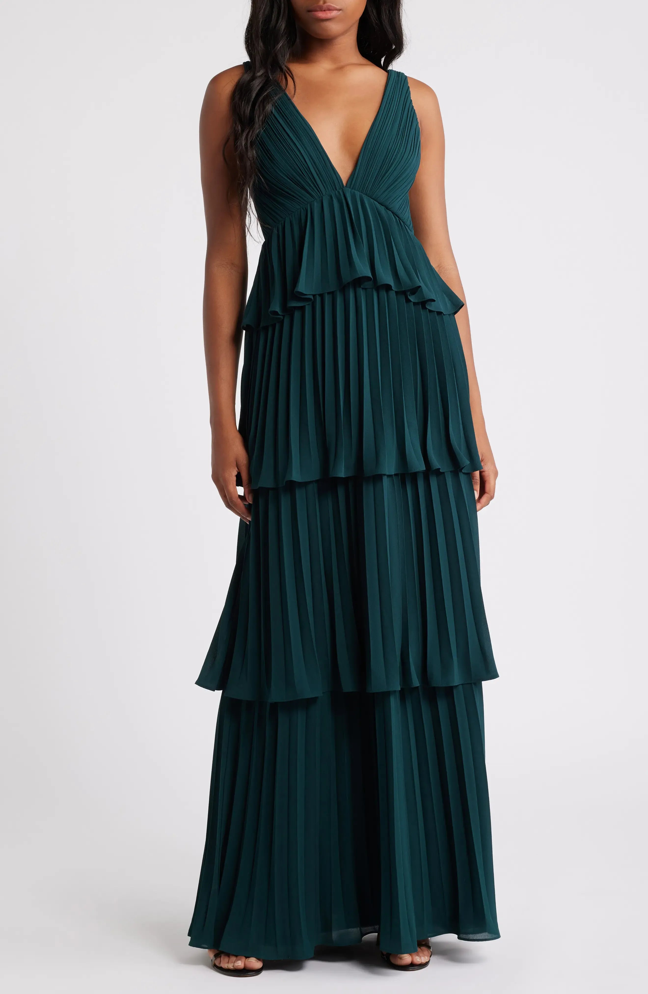 Sleeveless Deep V Tiered Pleated Back Tie Plain Slit Emerald Chiffon Maxi Wedding Guest Dresses