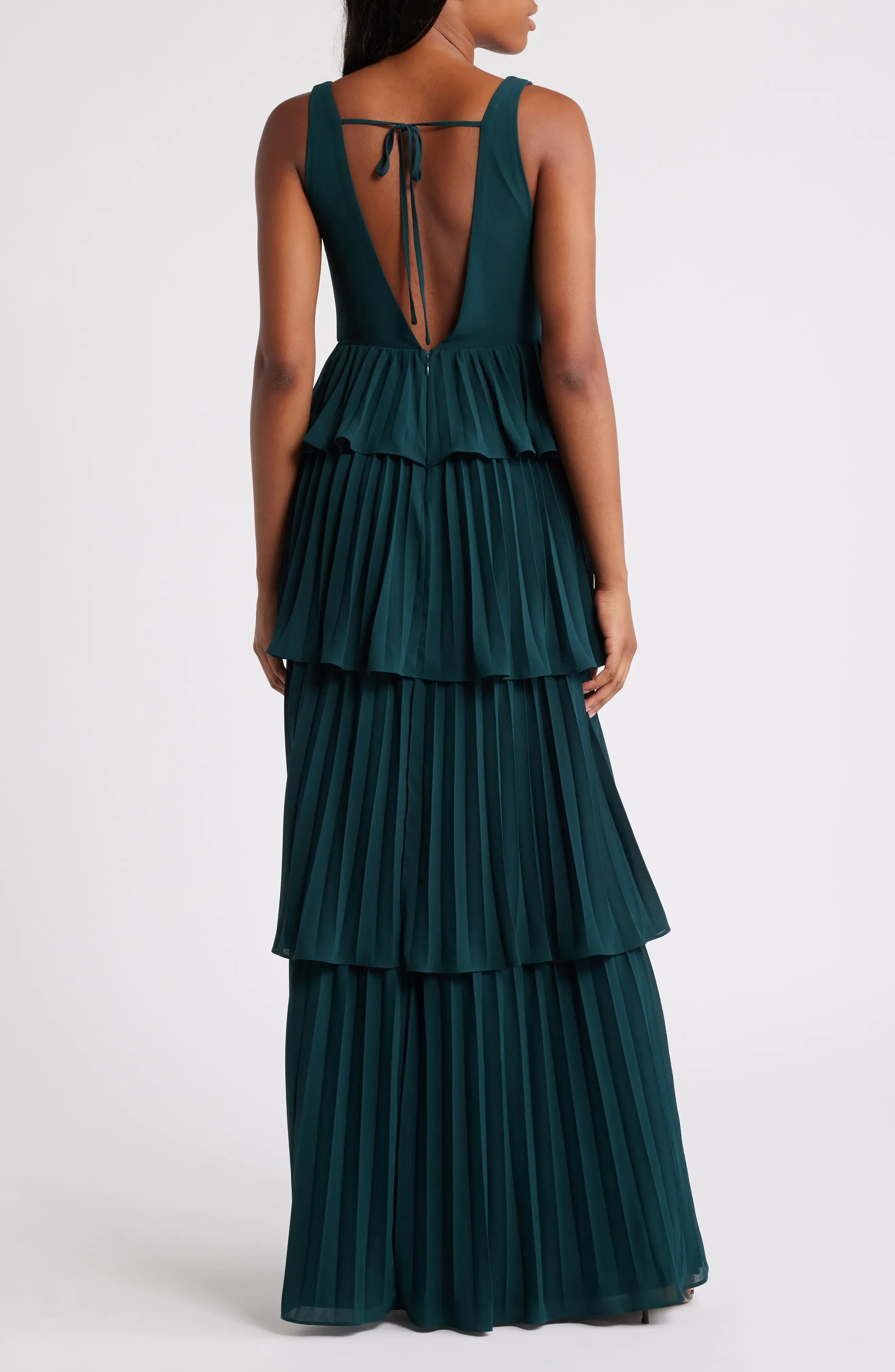 Sleeveless Deep V Tiered Pleated Back Tie Plain Slit Emerald Chiffon Maxi Wedding Guest Dresses