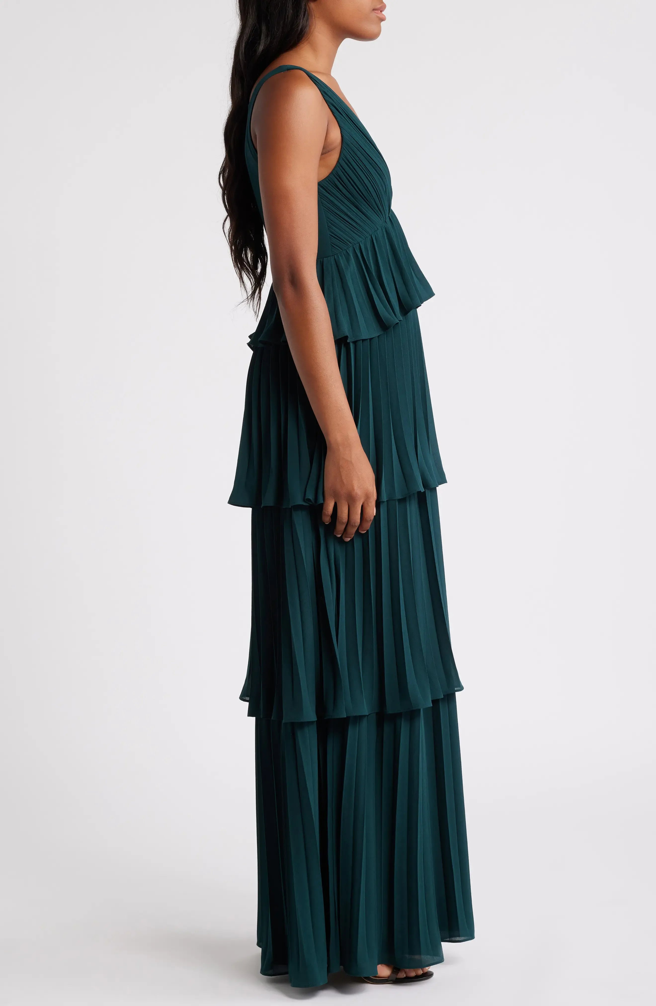 Sleeveless Deep V Tiered Pleated Back Tie Plain Slit Emerald Chiffon Maxi Wedding Guest Dresses