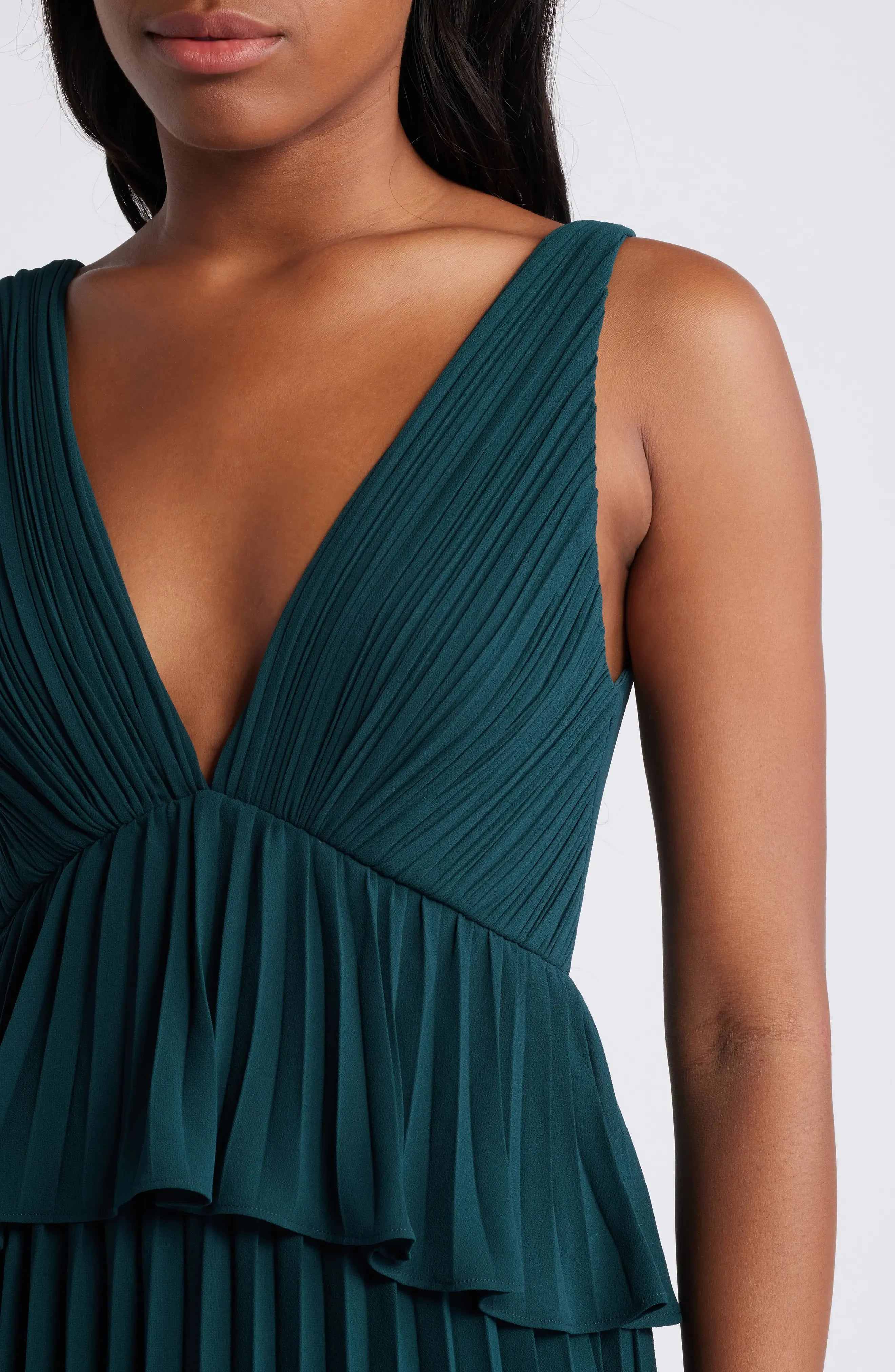 Sleeveless Deep V Tiered Pleated Back Tie Plain Slit Emerald Chiffon Maxi Wedding Guest Dresses