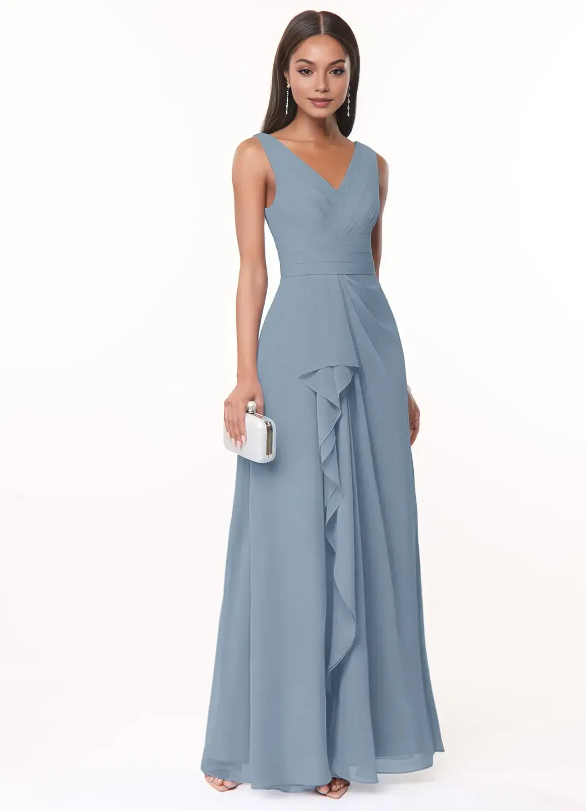 Sleeveless Double V Neck Side Cascade Ruffle A Line Chiffon Bridesmaid Dress
