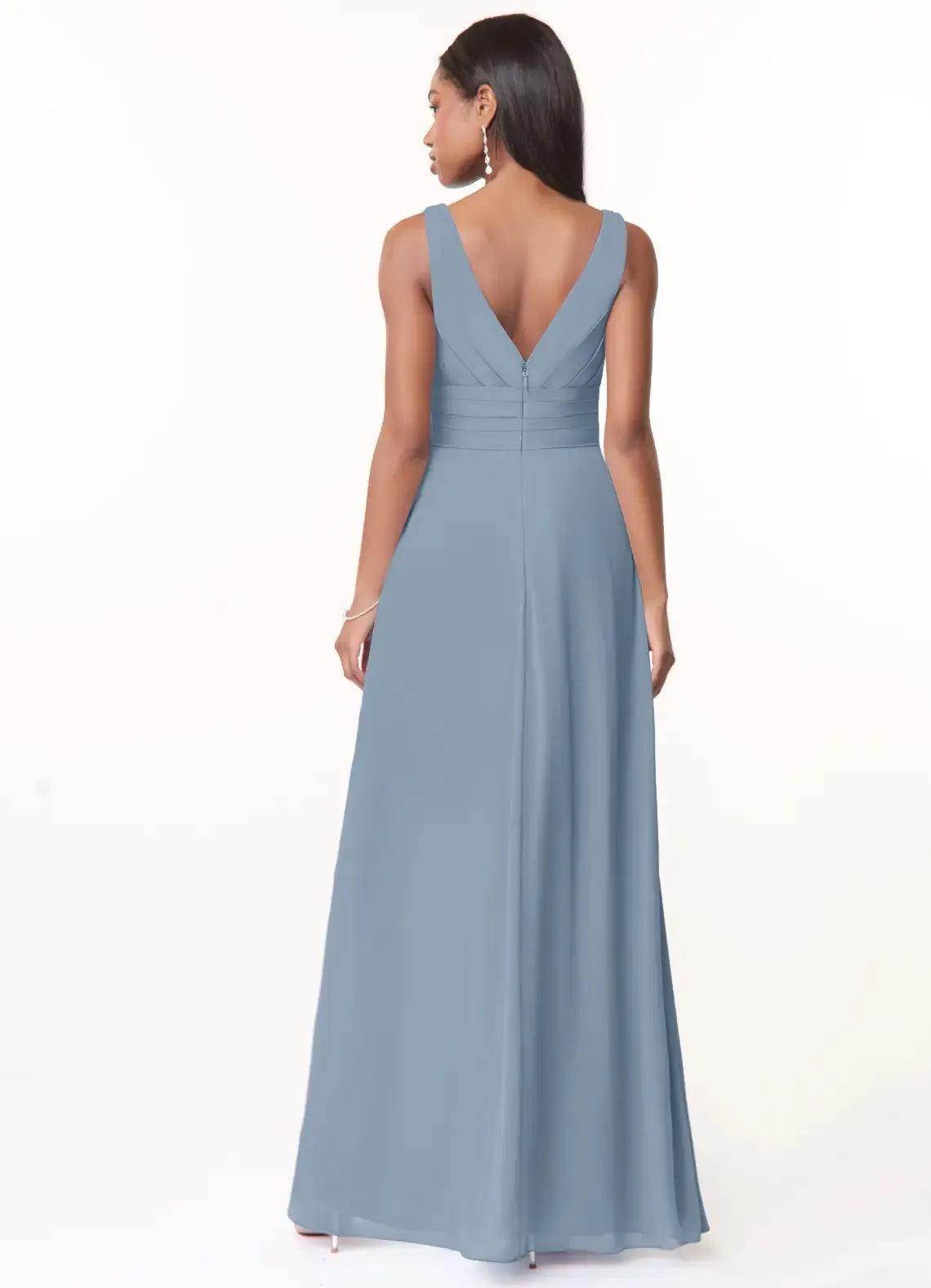 Sleeveless Double V Neck Side Cascade Ruffle A Line Chiffon Bridesmaid Dress