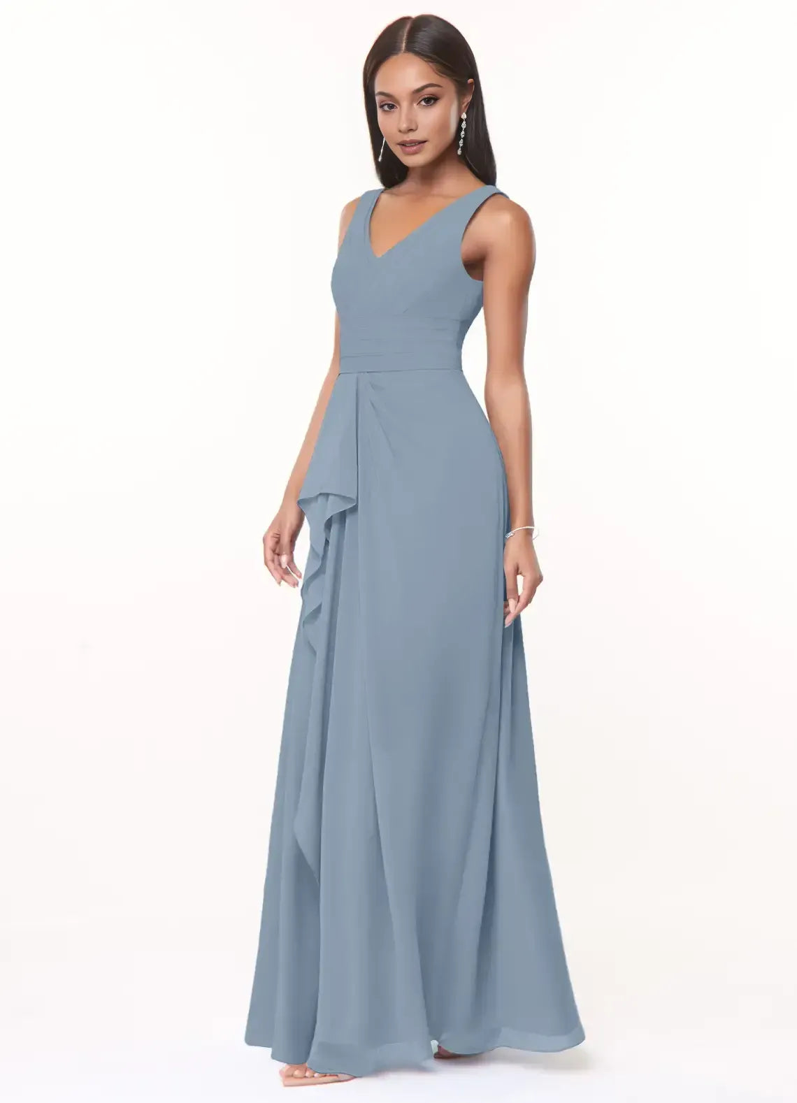 Sleeveless Double V Neck Side Cascade Ruffle A Line Chiffon Bridesmaid Dress