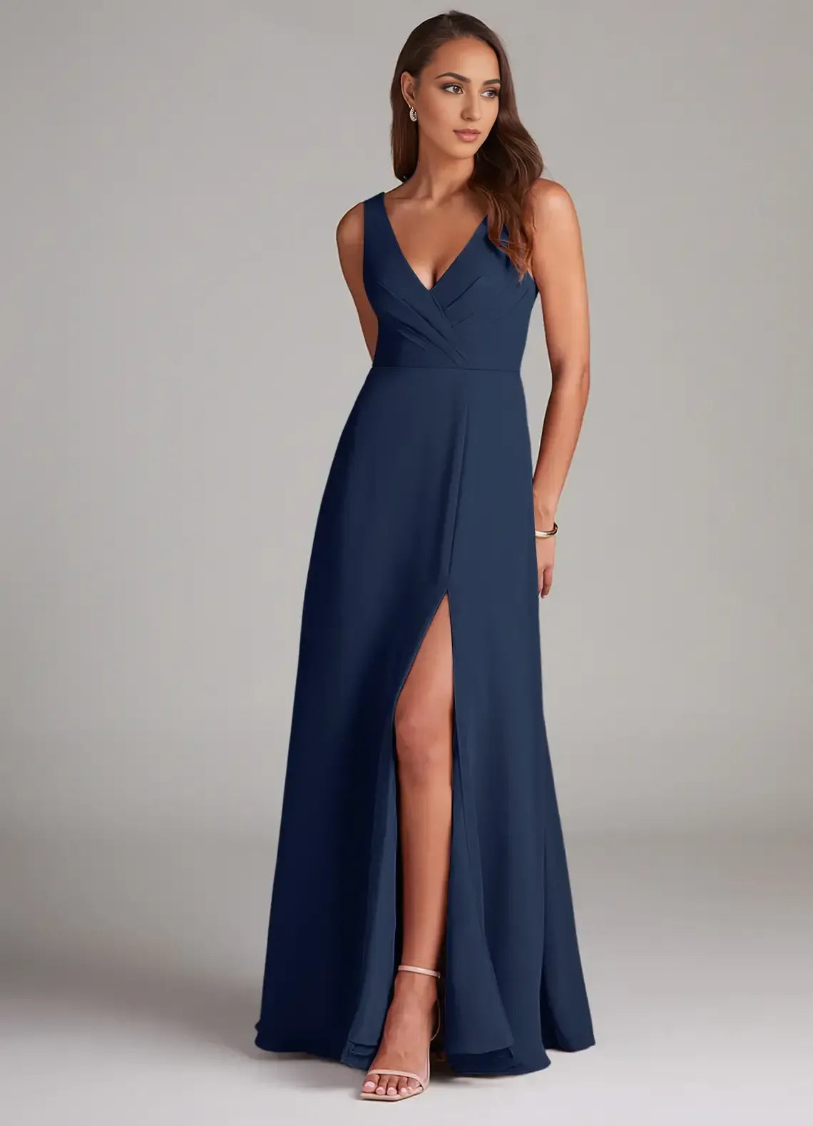 Sleeveless Double V Neck Wrap High Slit A Line Chiffon Long Bridesmaid Dress