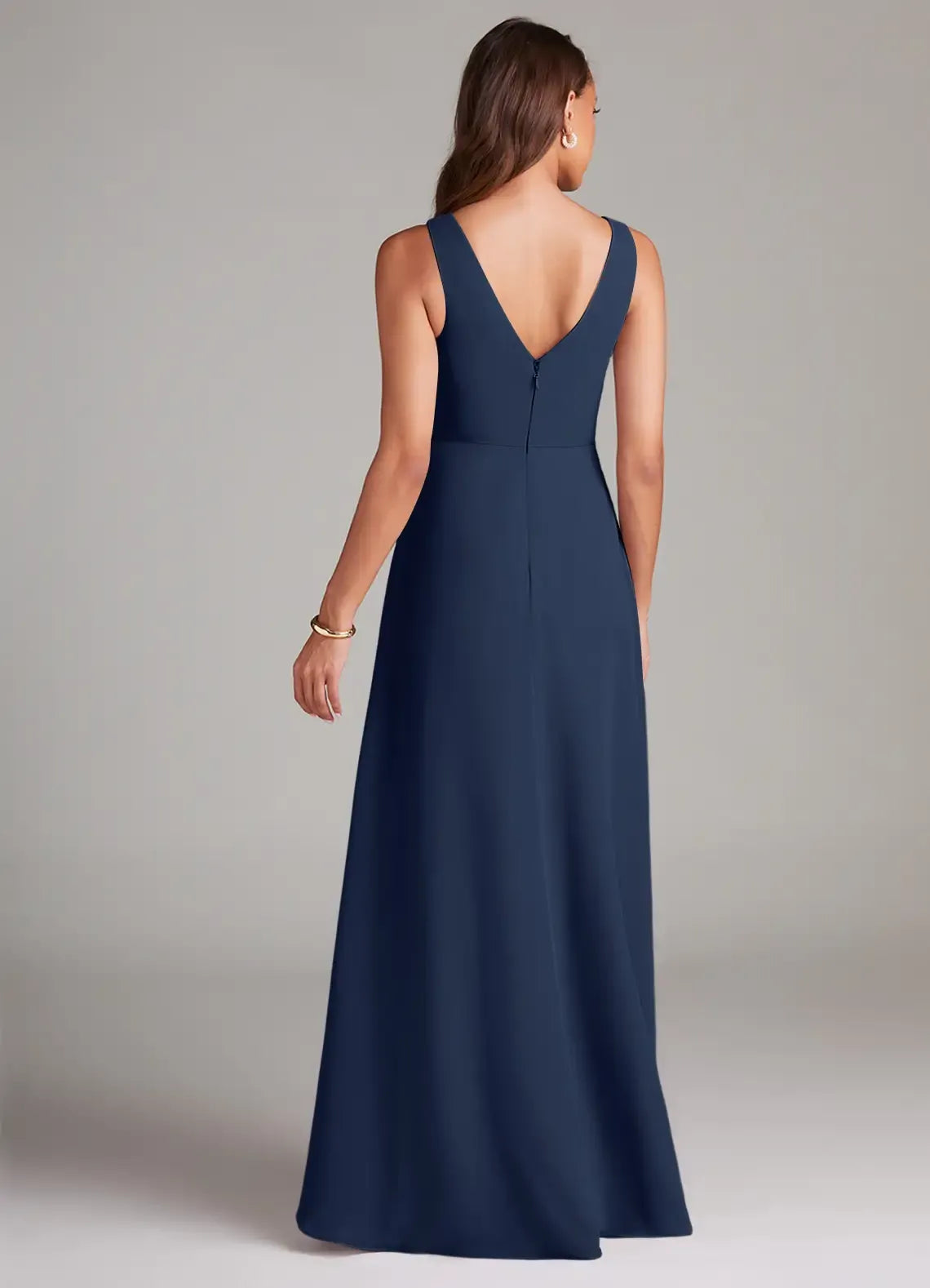 Sleeveless Double V Neck Wrap High Slit A Line Chiffon Long Bridesmaid Dress