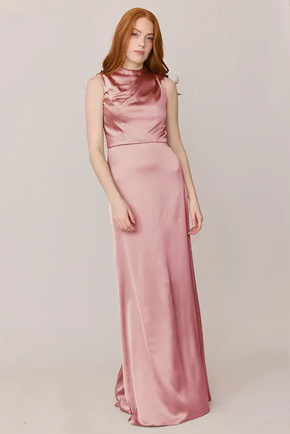 Sleeveless High Neck Side Ruched Back Split Mermaid Satin Long Bridesmaid Dress
