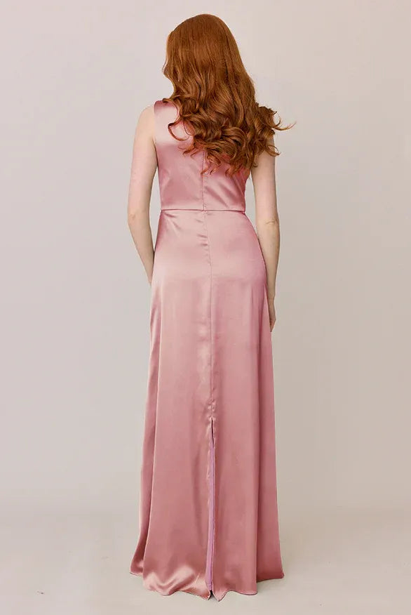 Sleeveless High Neck Side Ruched Back Split Mermaid Satin Long Bridesmaid Dress