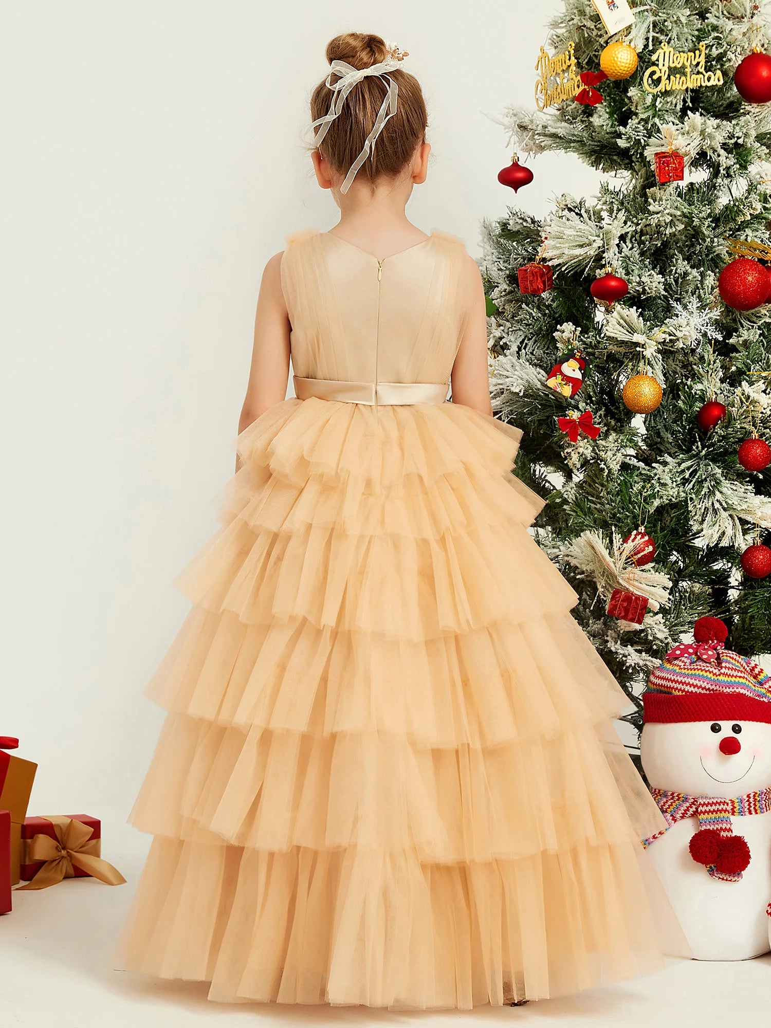 Sleeveless Illusion Deep V Multi Layer Ruffle Tulle Champagne Floor Length Flower Girl Dresses