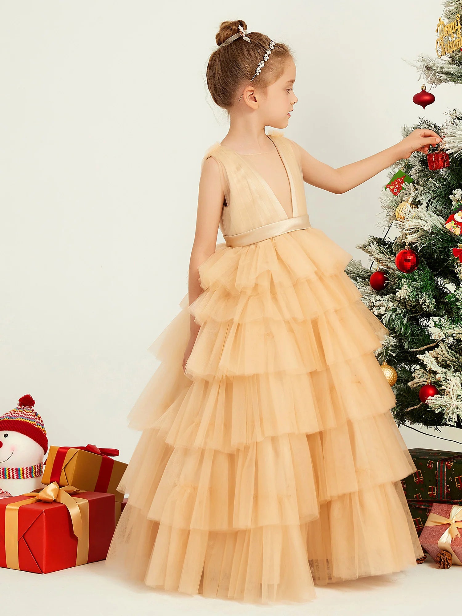 Sleeveless Illusion Deep V Multi Layer Ruffle Tulle Champagne Floor Length Flower Girl Dresses